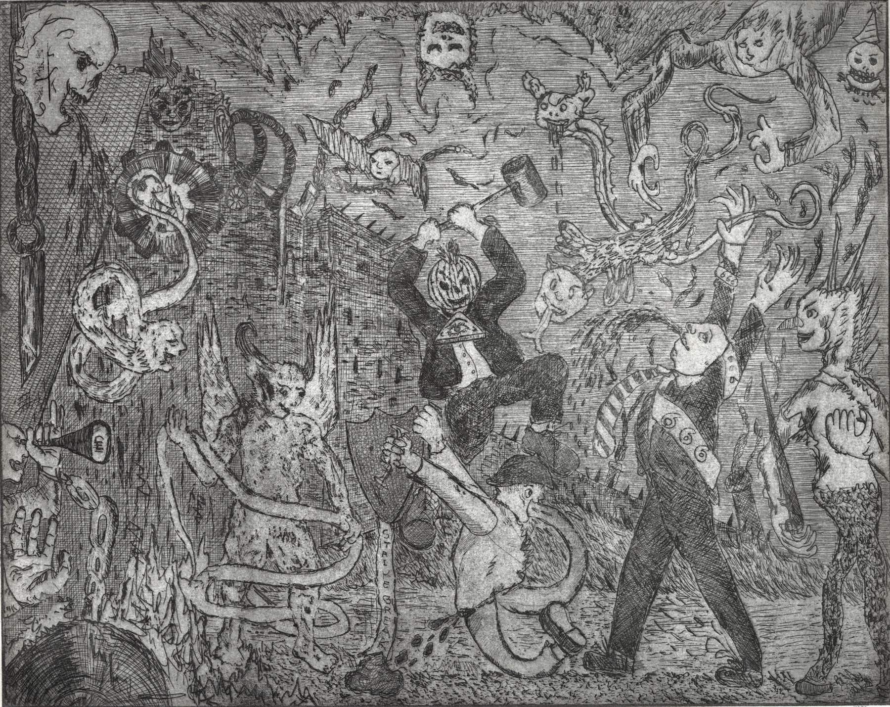 Oliver McConnie, 2nd Dark age, etching, 24 x 30cm, 2015. Plate mark crop.