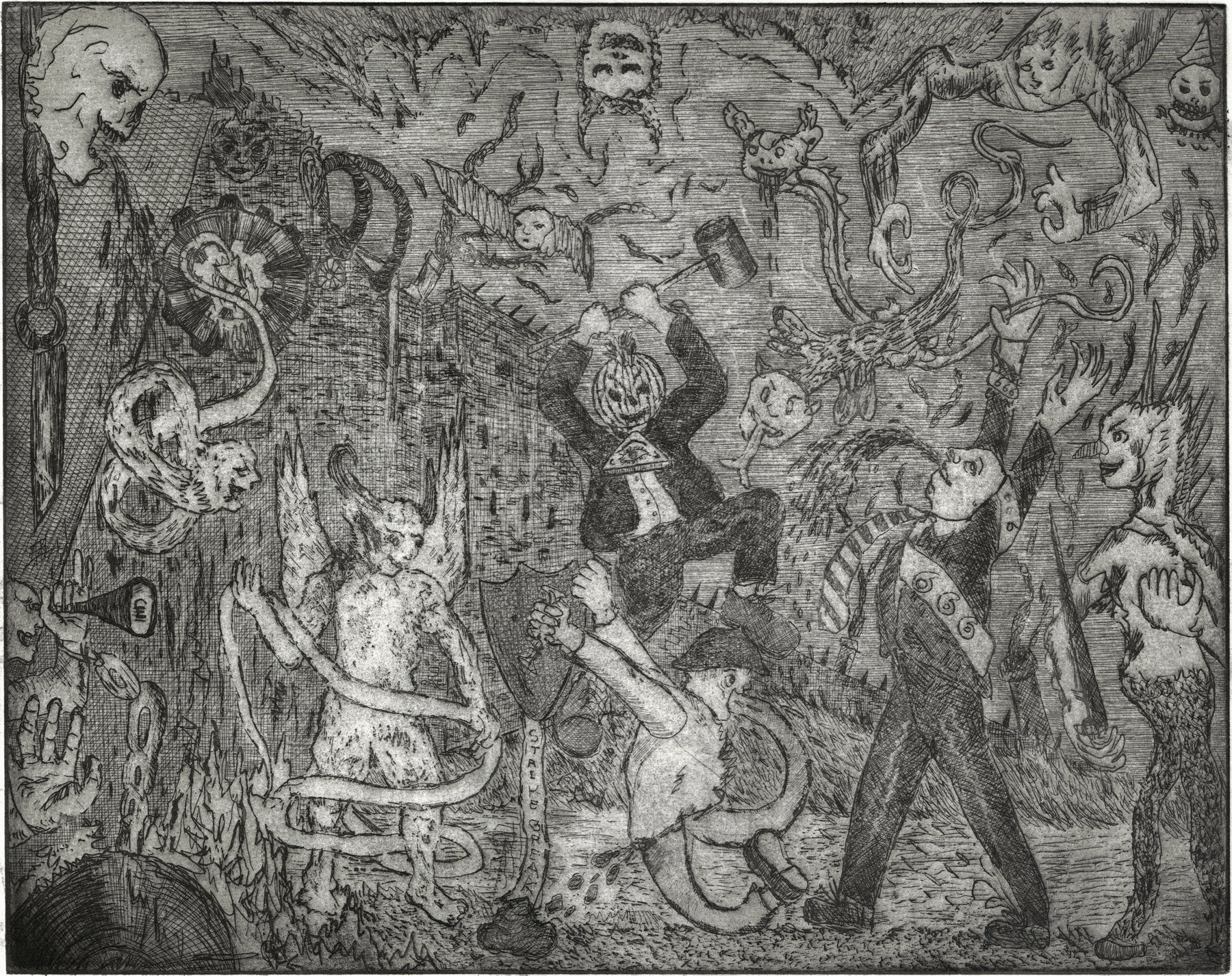 Oliver McConnie, 2nd Dark age, etching, 24 x 30cm, 2015. Plate mark crop.