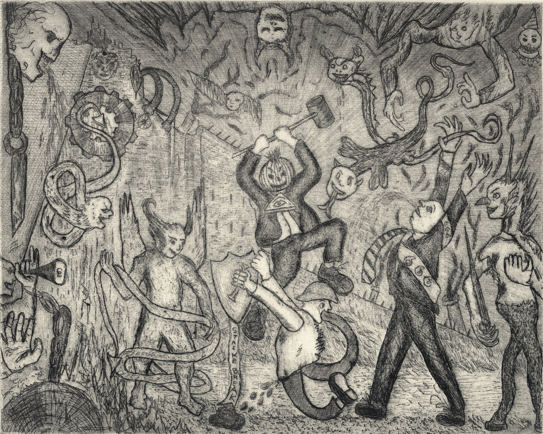 Oliver McConnie, 2nd Dark age, etching, 24 x 30cm, 2015. Plate mark crop.