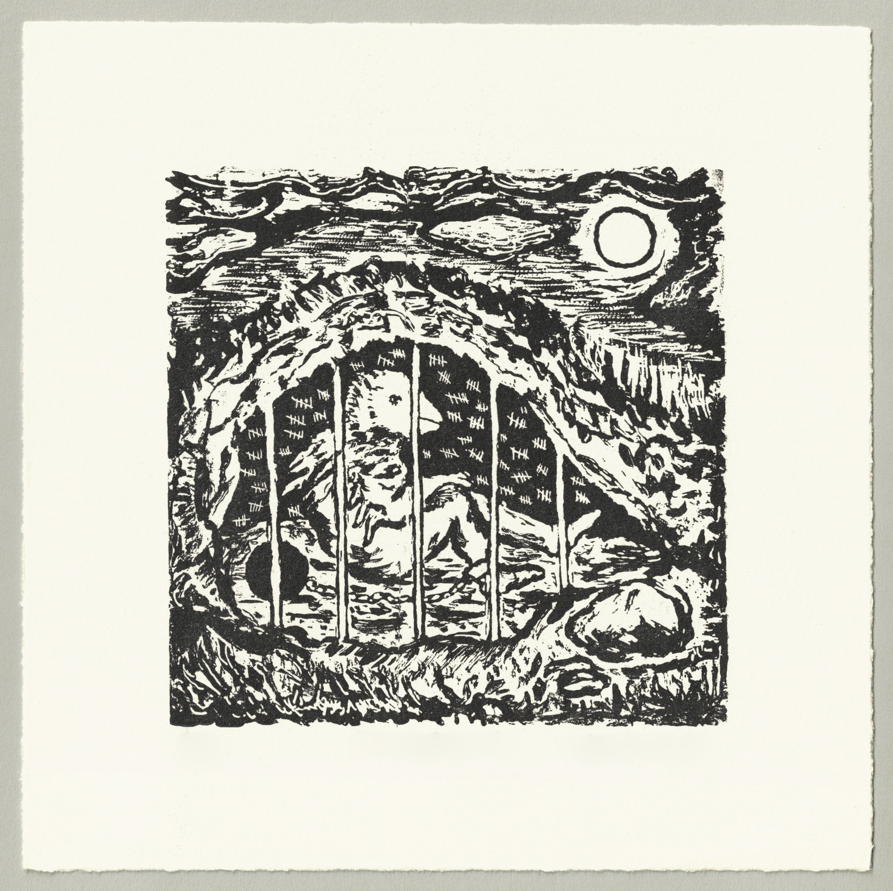 Oliver McConnie, A dark Decree, relief etching, 14 x 14cm, 2020. Full sheet.