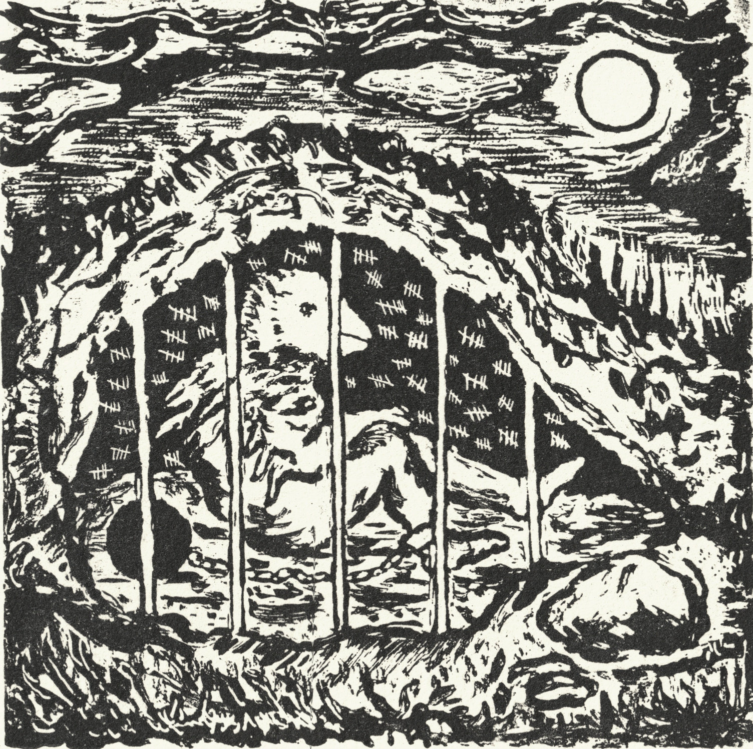 Oliver McConnie, A dark Decree, relief etching, 14 x 14cm, 2020. Plate mark crop.