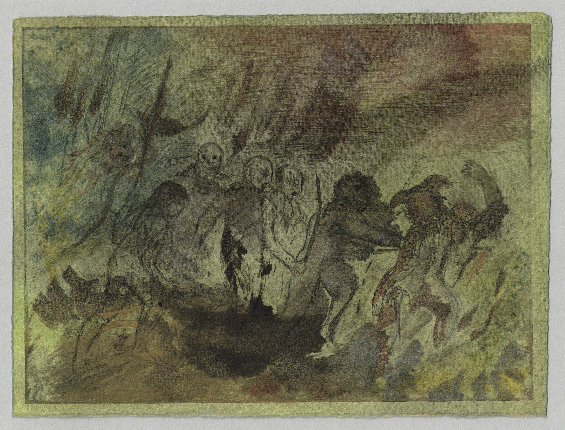 Oliver McConnie, Assail, etching, 16 x 22cm, 2014. Colour proof. Full sheet.
