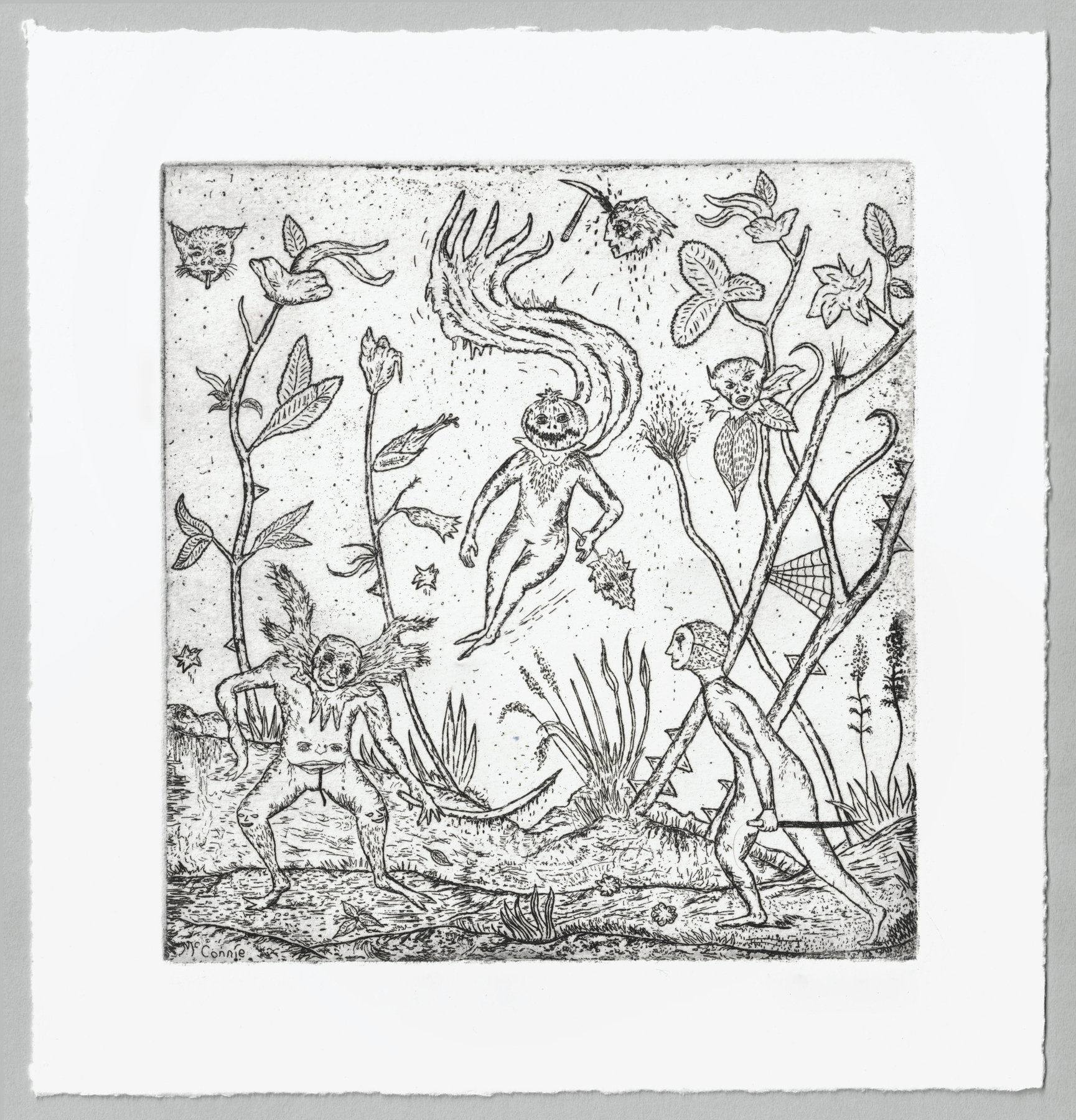Oliver McConnie, Badseeds, etching, 16 x 15cm, 2008. Full sheet.