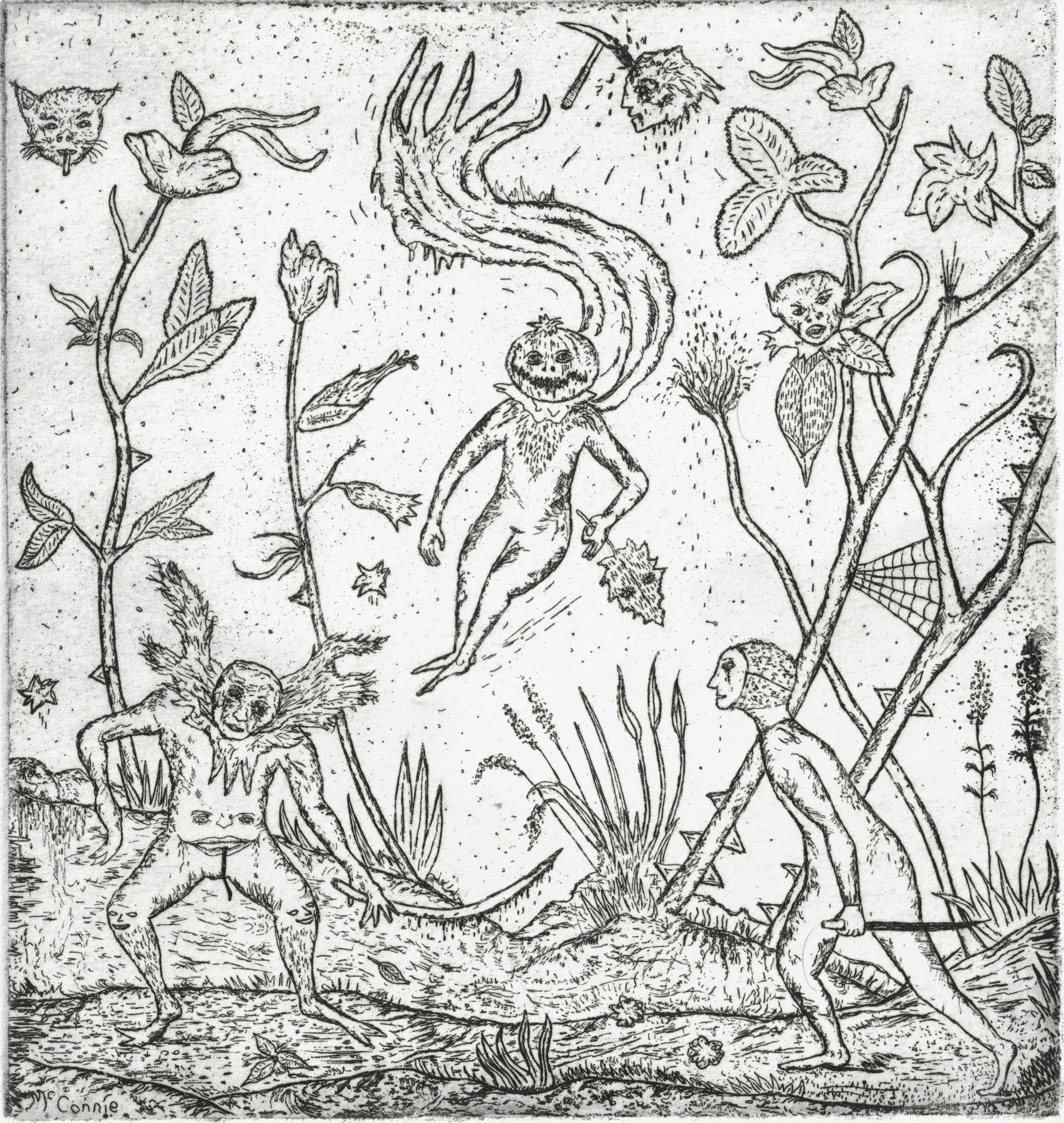 Oliver McConnie, Badseeds, etching, 16 x 15cm, 2008. Plate mark crop.