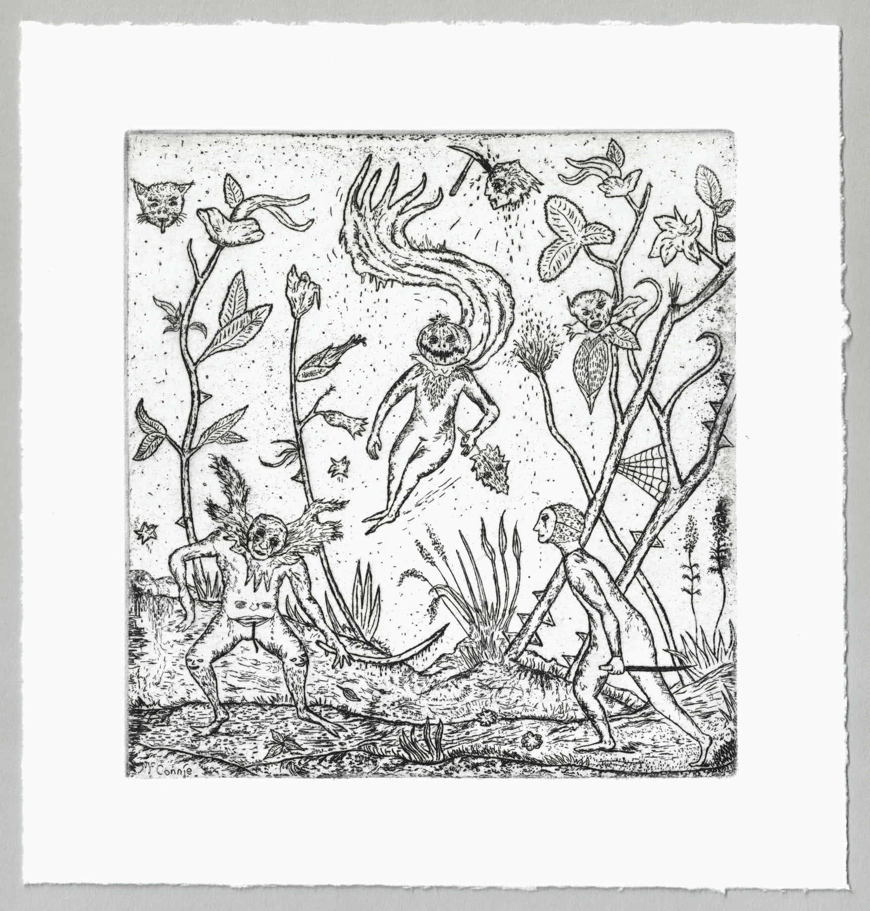 Oliver McConnie, Badseeds, etching, 16 x 15cm, 2008. Full sheet.