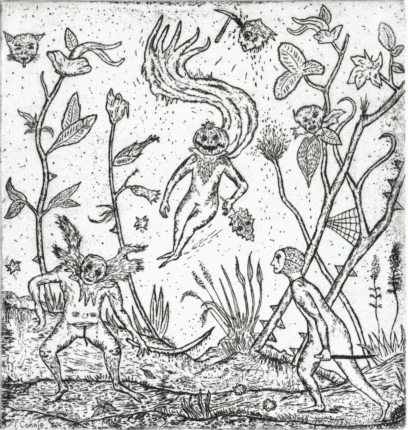 Oliver McConnie, Badseeds, etching, 16 x 15cm, 2008. Plate mark crop.