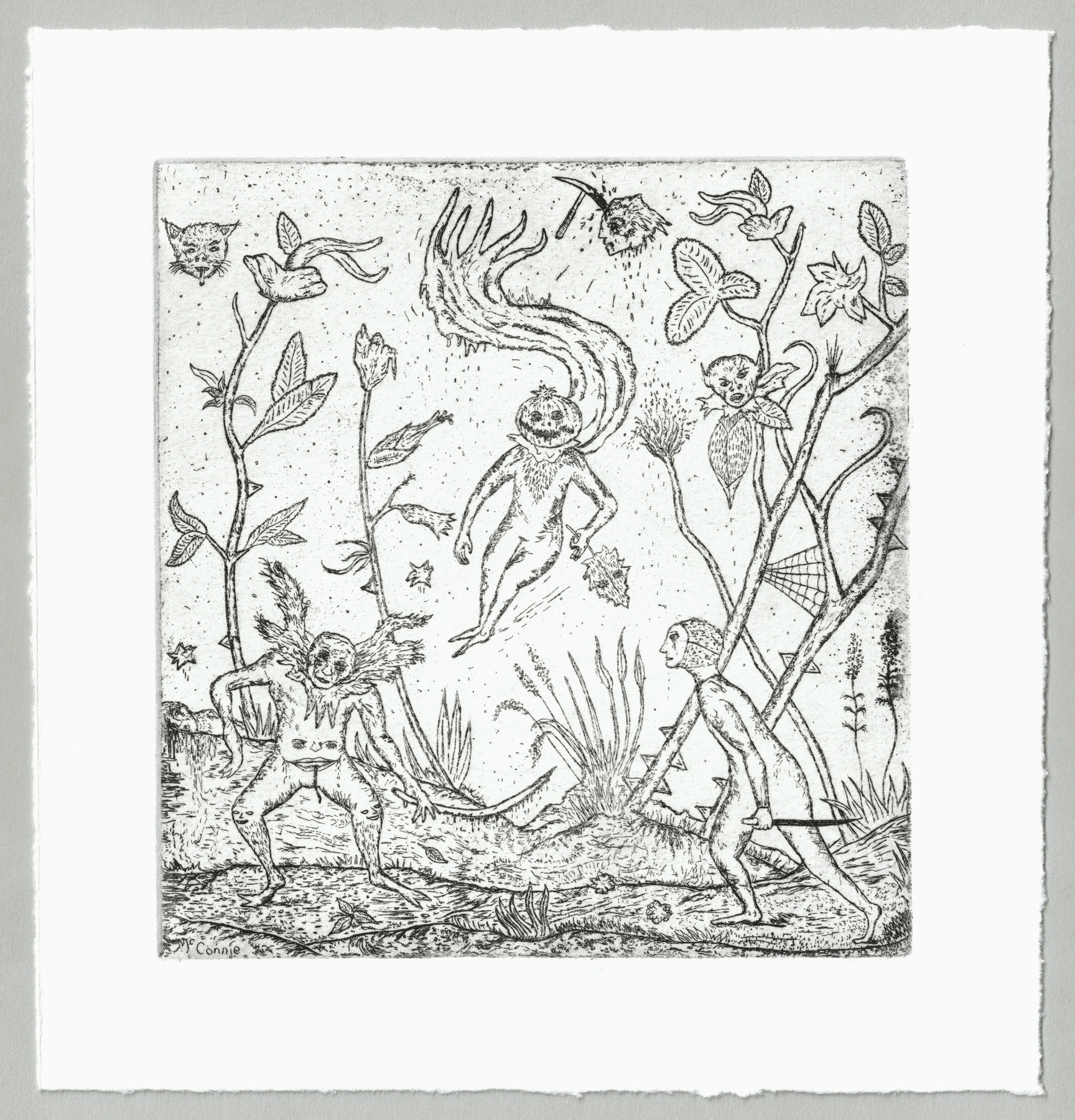 Oliver McConnie, Badseeds, etching, 16 x 15cm, 2008. Full sheet.