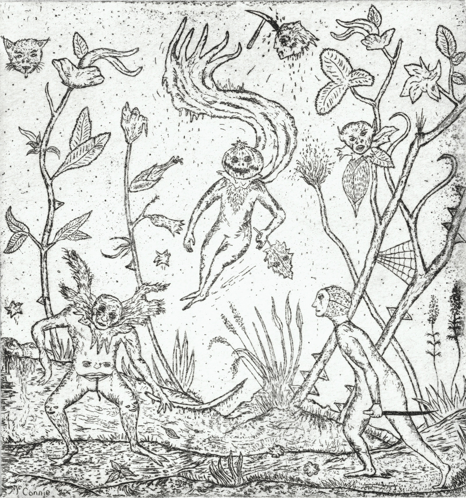 Oliver McConnie, Badseeds, etching, 16 x 15cm, 2008. Plate mark crop.