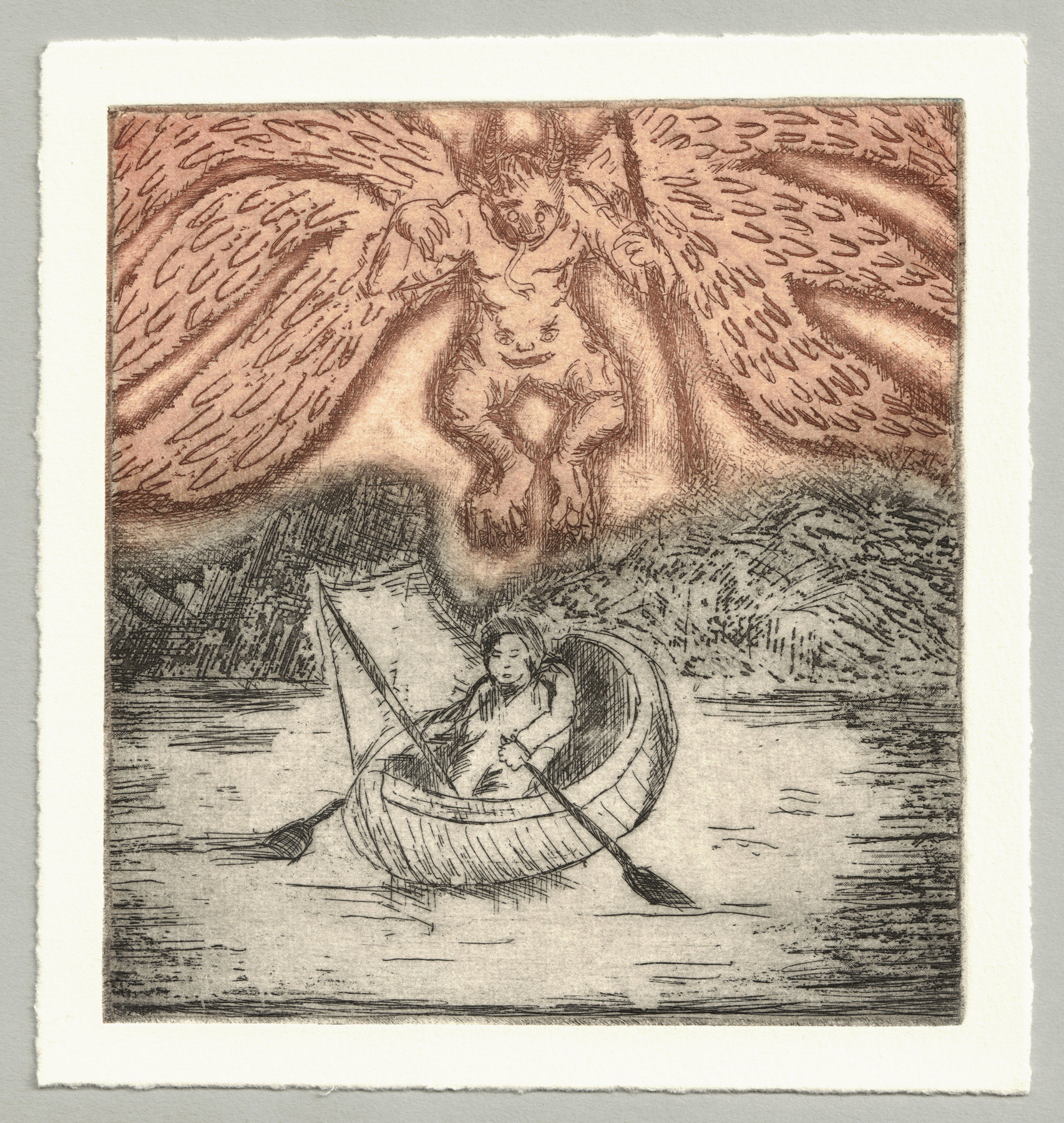 Oliver McConnie, Between the Devil and the Deep Blue Sea, etching, 15 x 14cm, 2015. Full sheet.