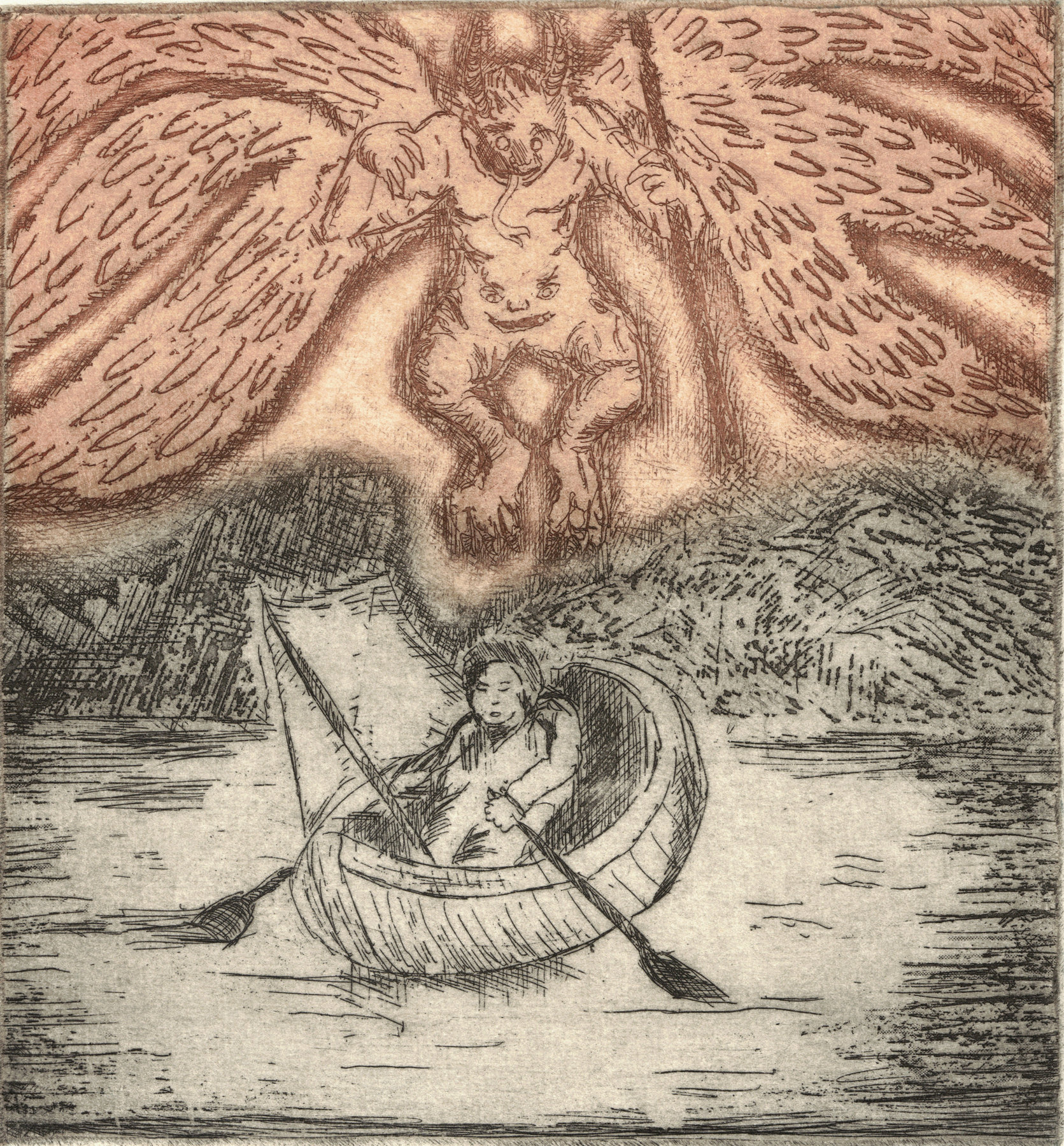 Oliver McConnie, Between the Devil and the Deep Blue Sea, etching, 15 x 14cm, 2015. Plate mark crop.