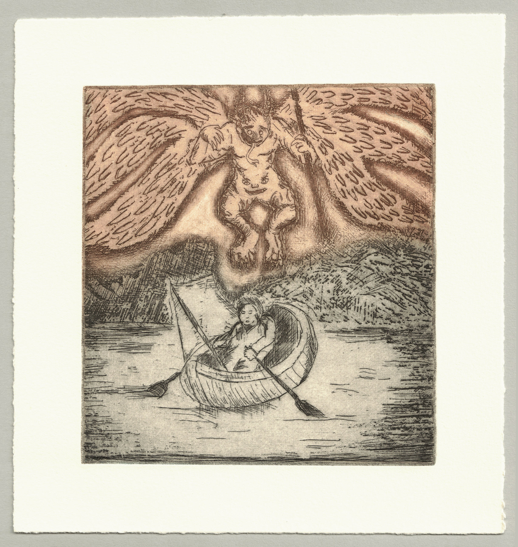 Oliver McConnie, Between the Devil and the Deep Blue Sea, etching, 15 x 14cm, 2015. Colour proof. Full sheet.