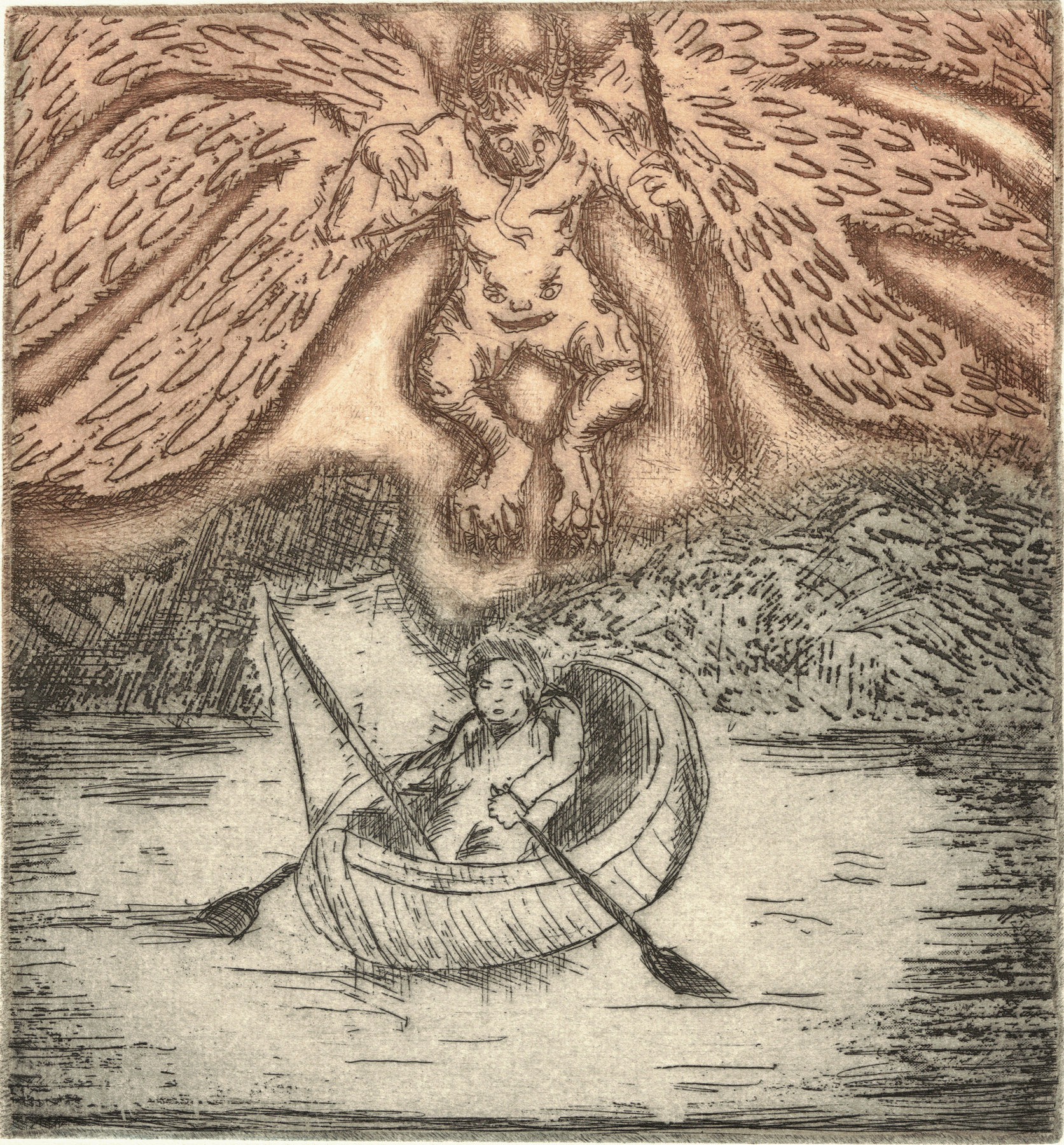 Oliver McConnie, Between the Devil and the Deep Blue Sea, etching, 15 x 14cm, 2015. Colour proof. Plate mark crop.