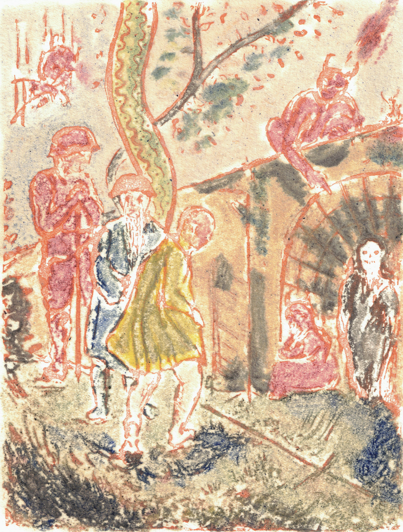 Oliver McConnie, By Way to Hell, relief etching, 16 x 12cm, 2014. Plate mark crop.