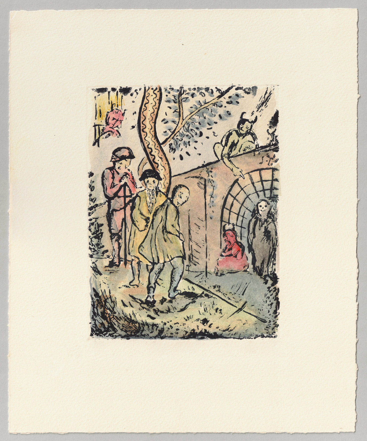 Oliver McConnie, By Way to Hell, relief etching, 16 x 12cm, 2014. Hand-coloured impression. Full sheet.