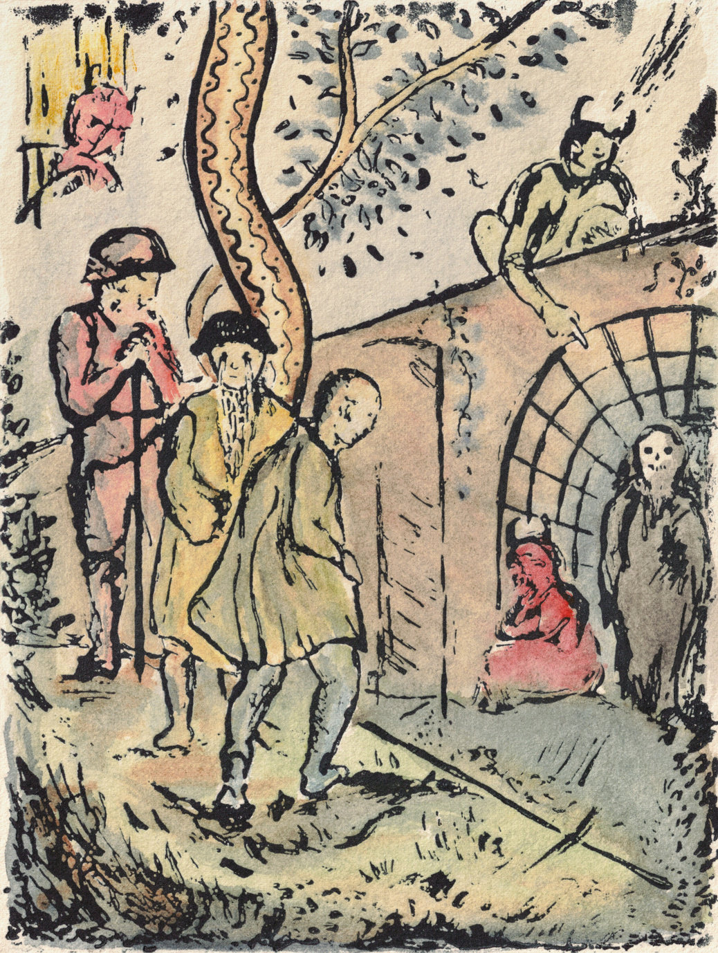 Oliver McConnie, By Way to Hell, relief etching, 16 x 12cm, 2014. Hand-coloured impression. Plate mark crop.