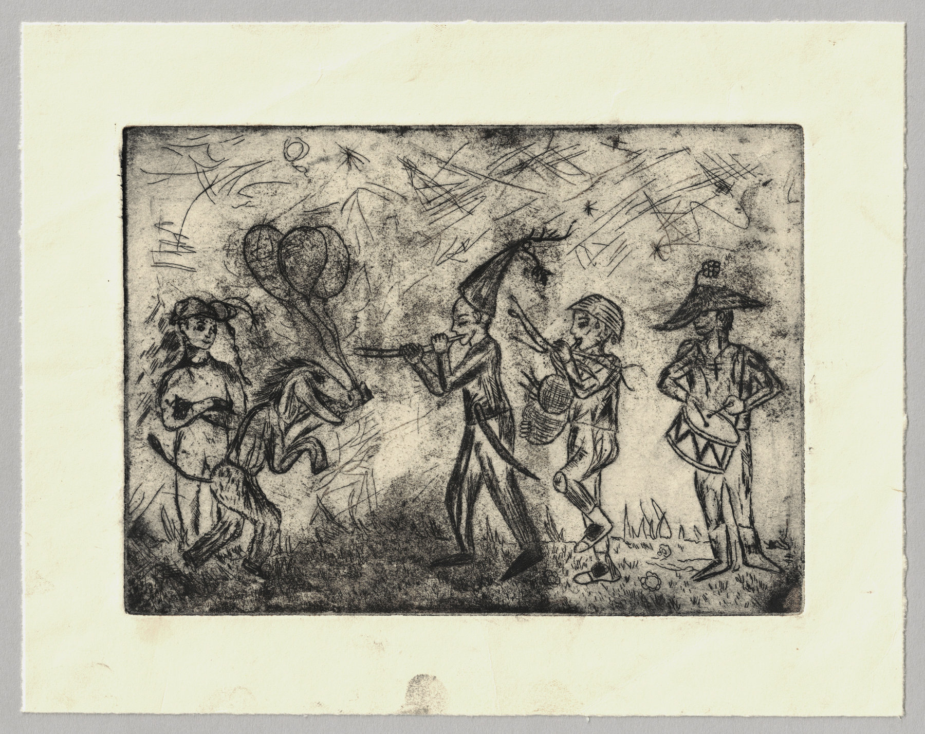 Oliver McConnie, Carnival Parade, etching, 12 x 17cm, 2005. Re etched plate 2014. Full sheet.