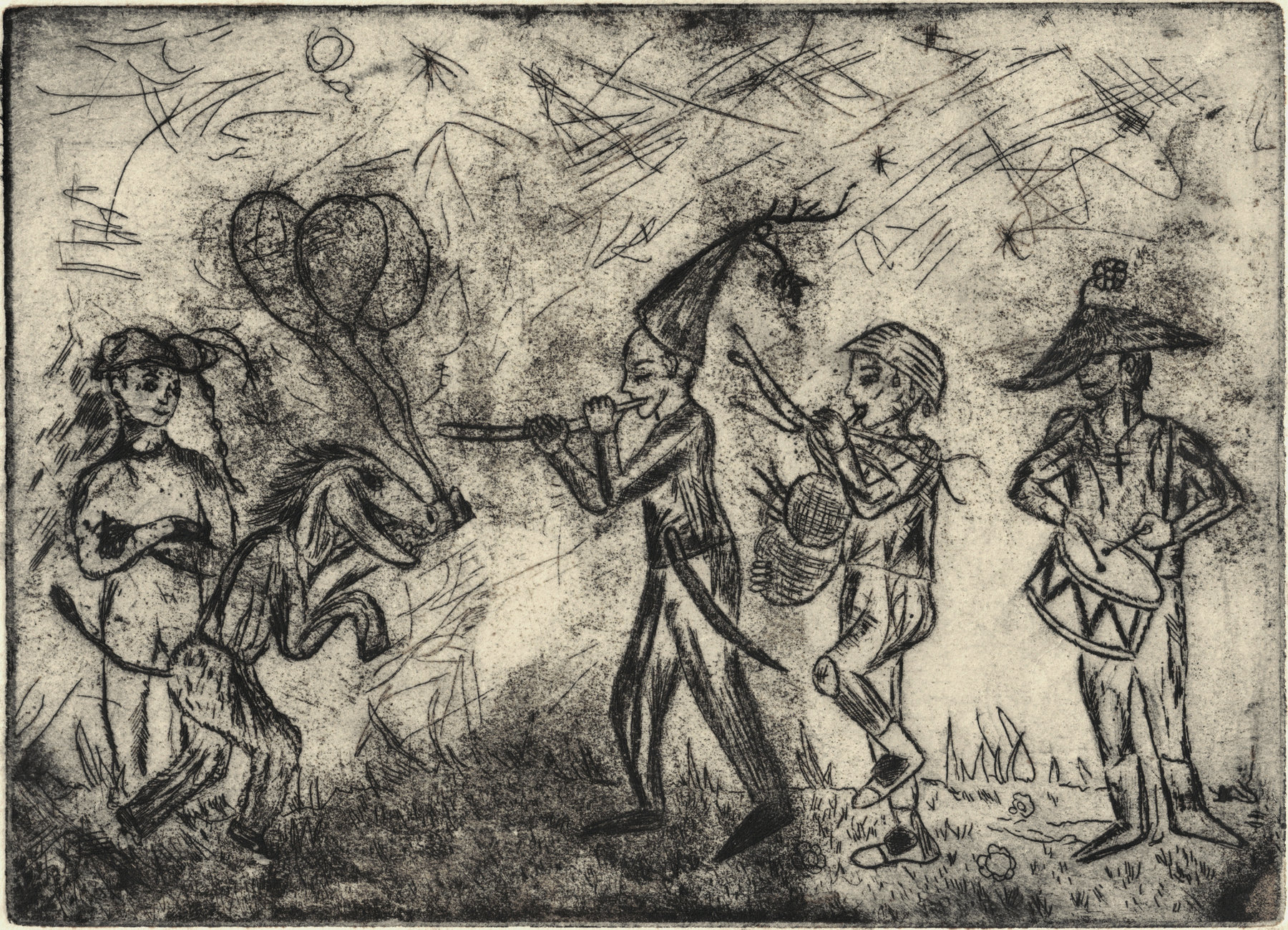 Oliver McConnie, Carnival Parade, etching, 12 x 17cm, 2005. Re etched plate 2014. Plate mark crop.