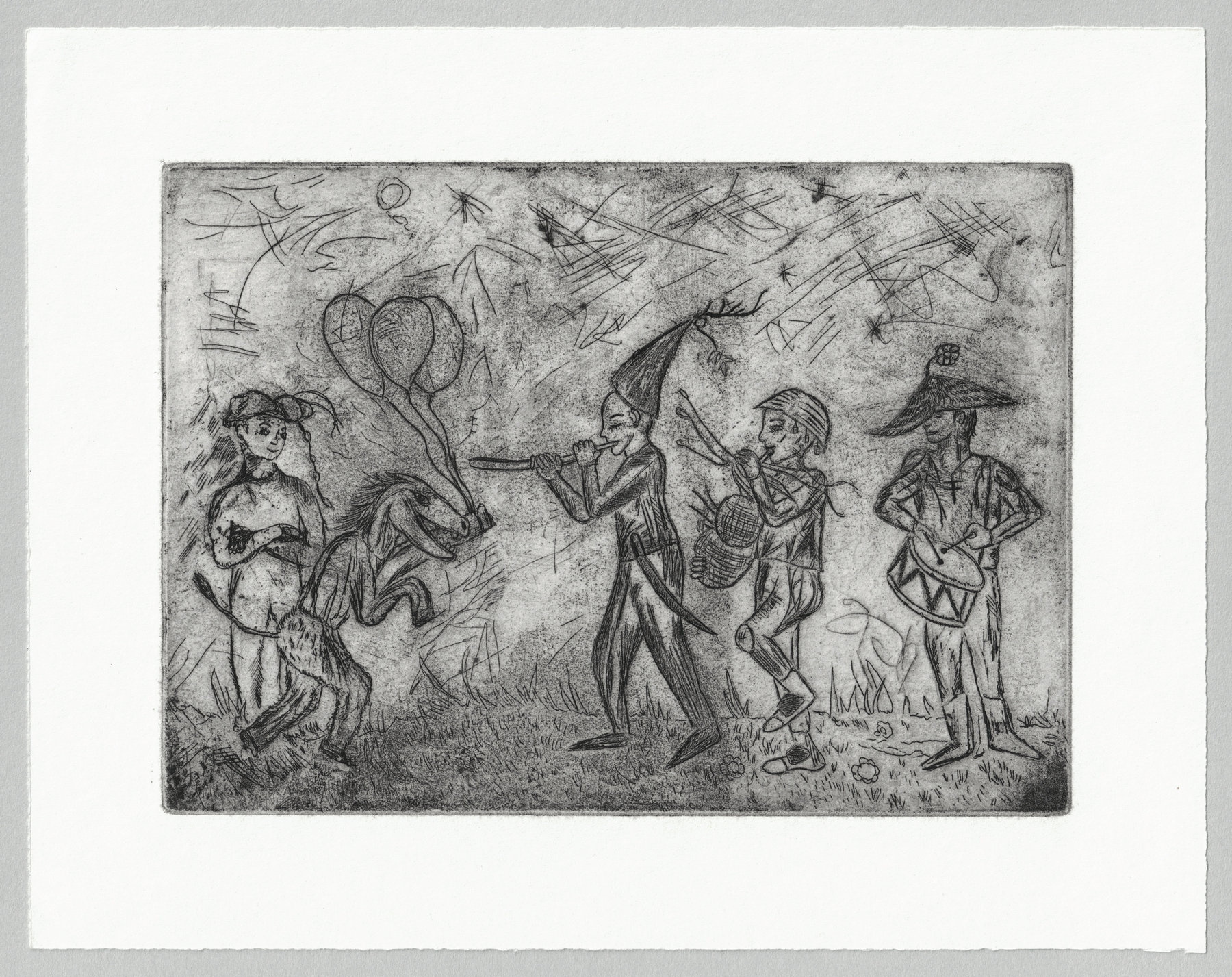 Oliver McConnie, Carnival Parade, etching, 12 x 17cm, 2005. Re etched plate 2014. Full sheet.