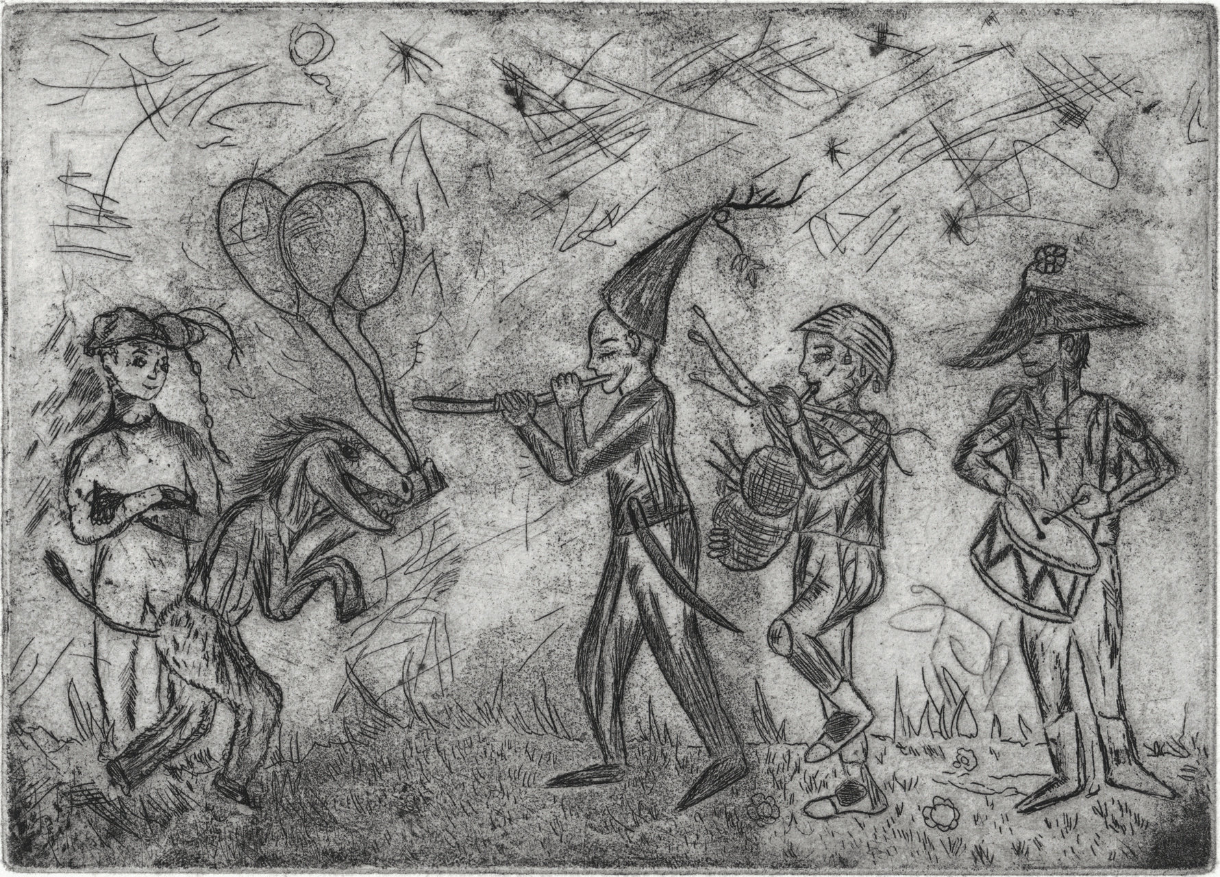 Oliver McConnie, Carnival Parade, etching, 12 x 17cm, 2005. Re etched plate 2014. Plate mark crop.