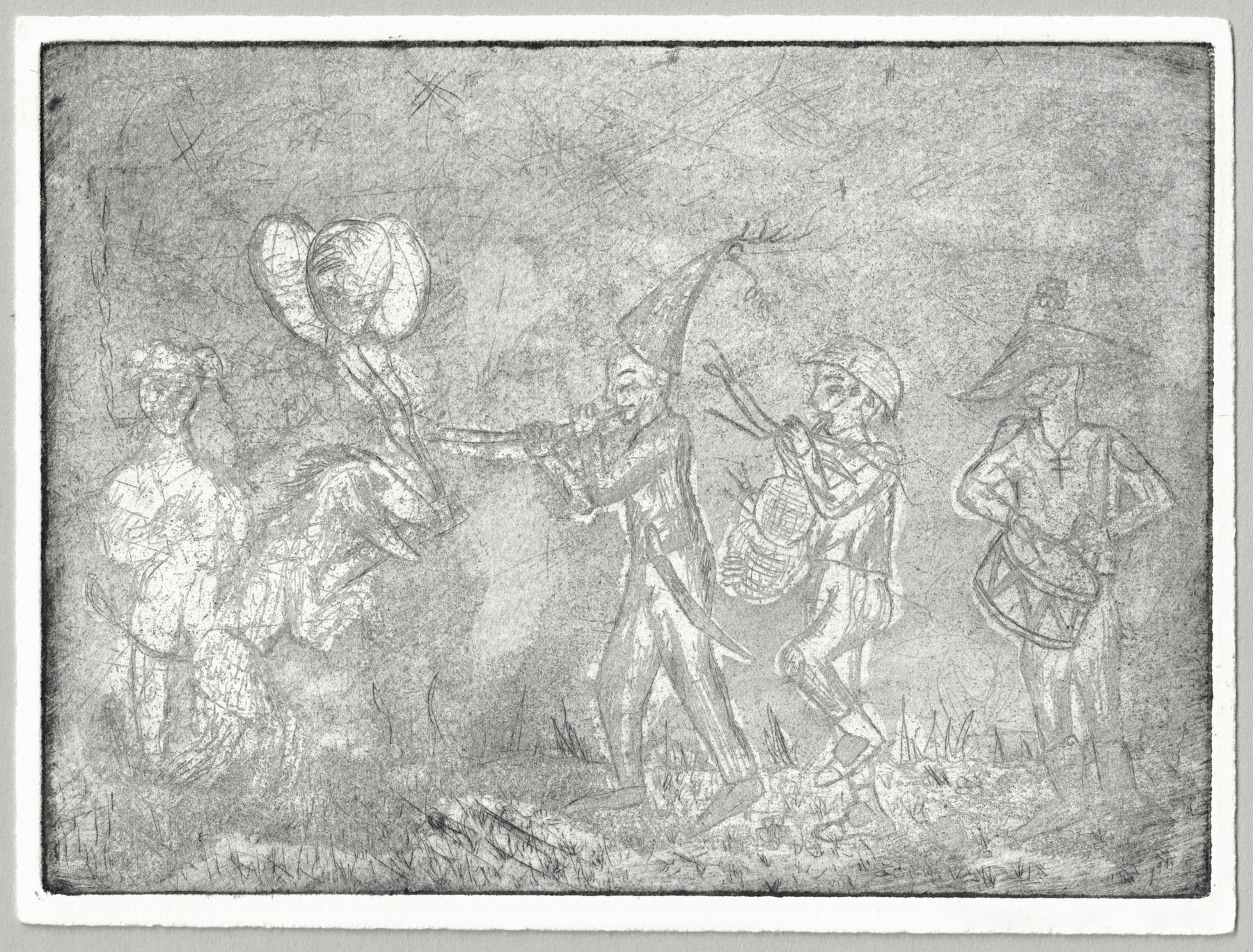 Oliver McConnie, Carnival Parade, etching, 12 x 17cm, 2005. State proof. Full sheet.