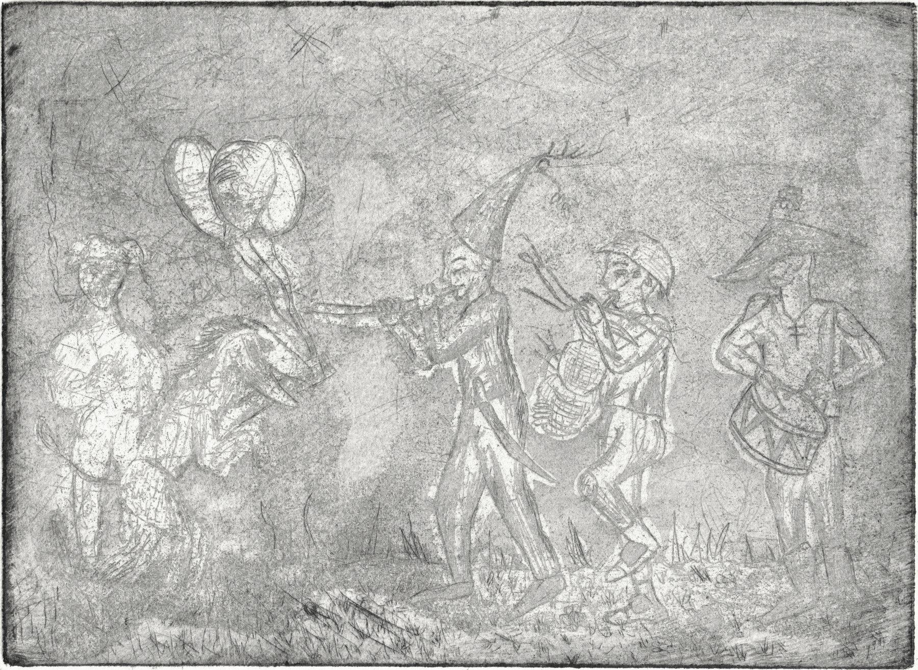 Oliver McConnie, Carnival Parade, etching, 12 x 17cm, 2005. State proof. Plate mark crop.