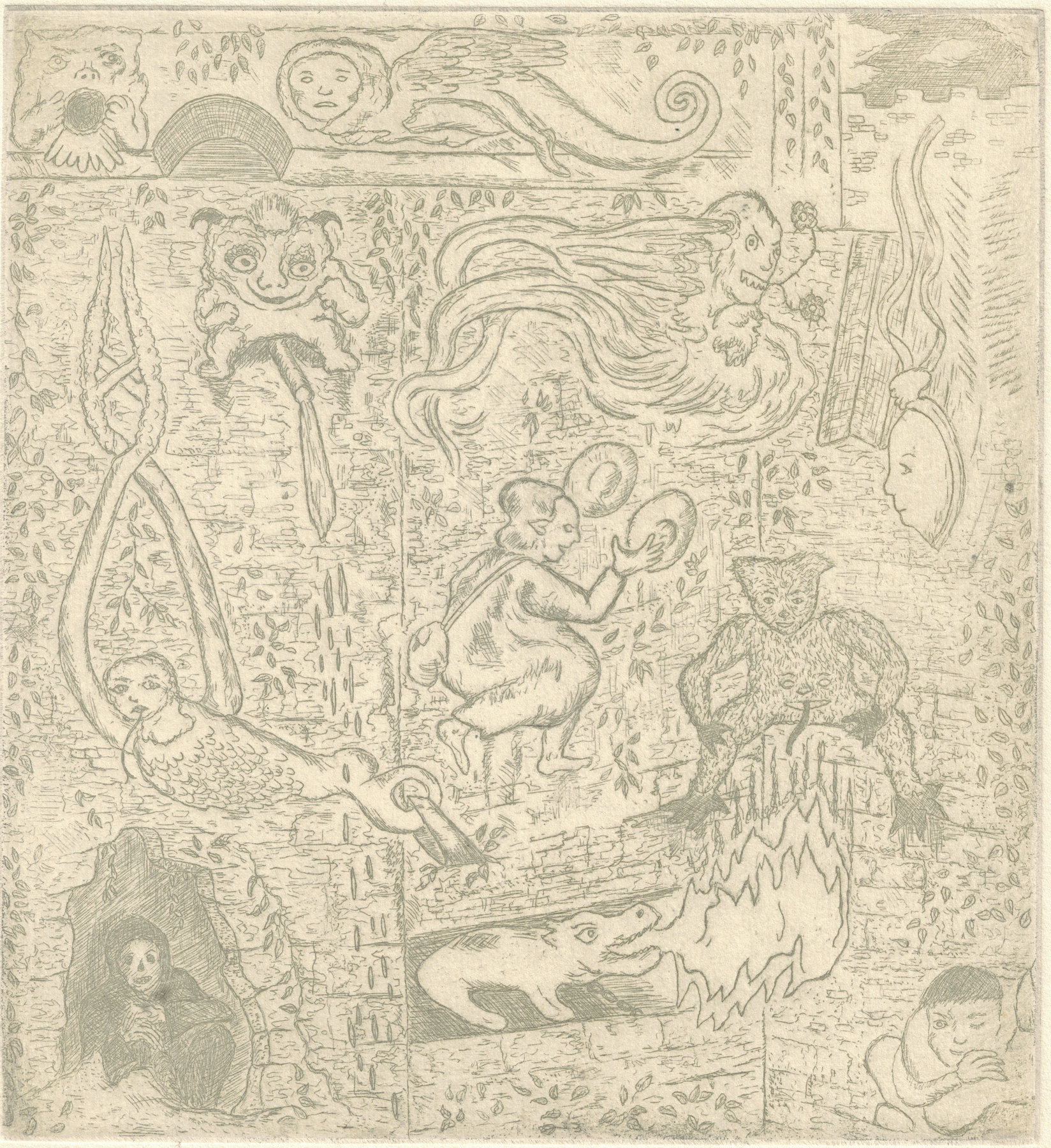 Oliver McConnie, Castle Wall, etching, 17 x 16cm, 2015. Plate mark crop.