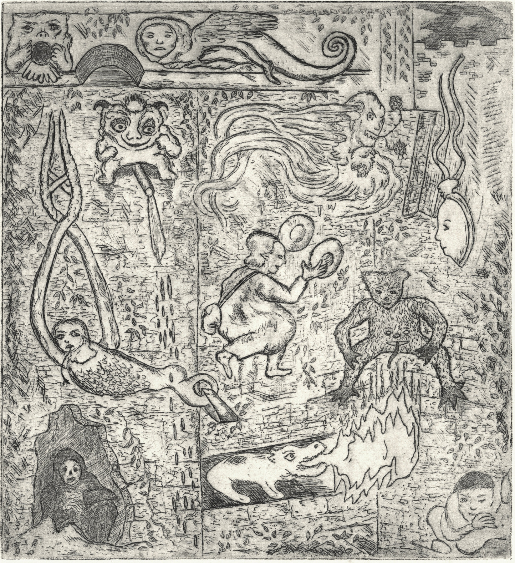 Oliver McConnie, Castle Wall, etching, 17 x 16cm, 2015. Plate mark crop.