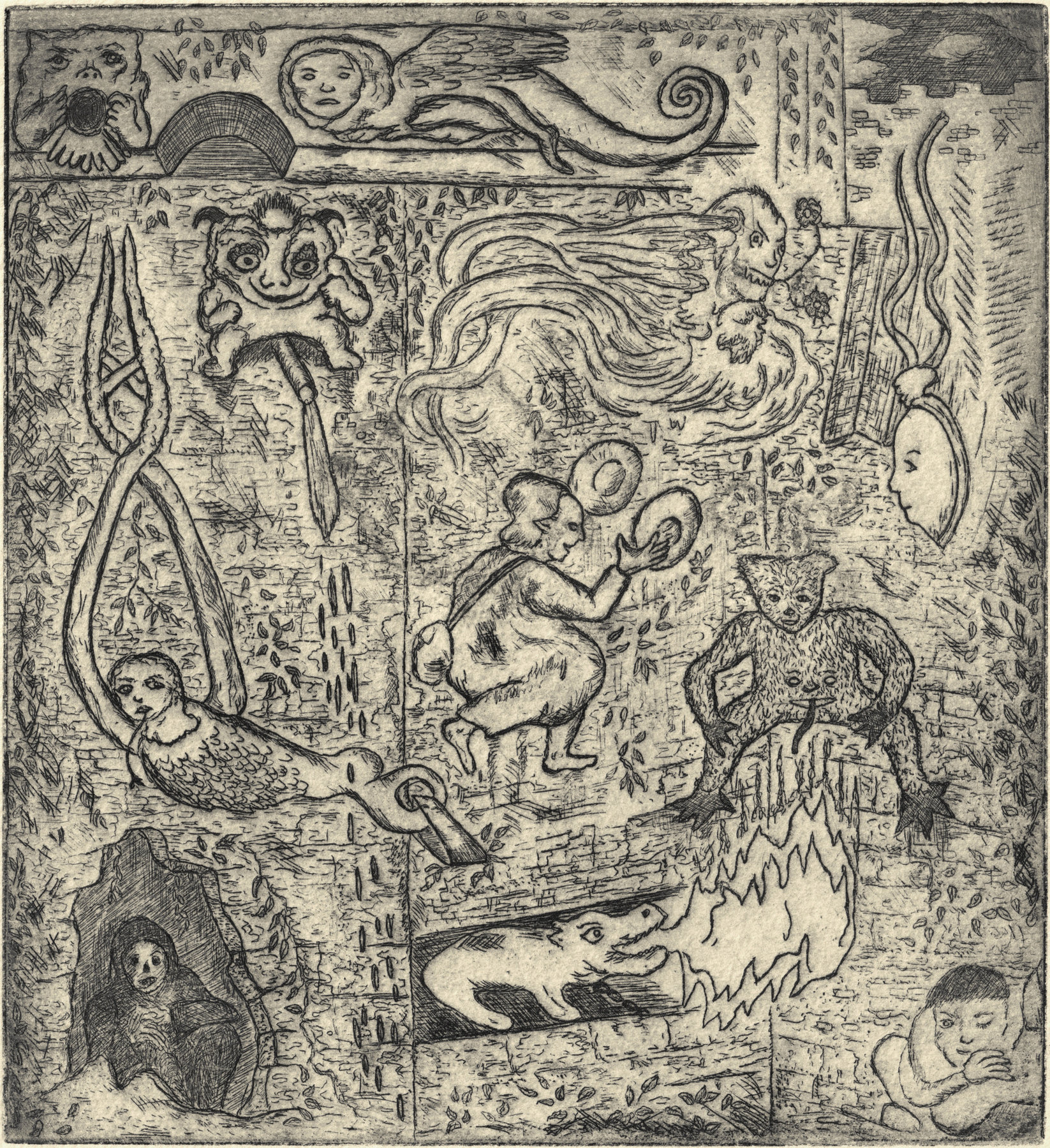 Oliver McConnie, Castle Wall, etching, 17 x 16cm, 2015. Plate mark crop.