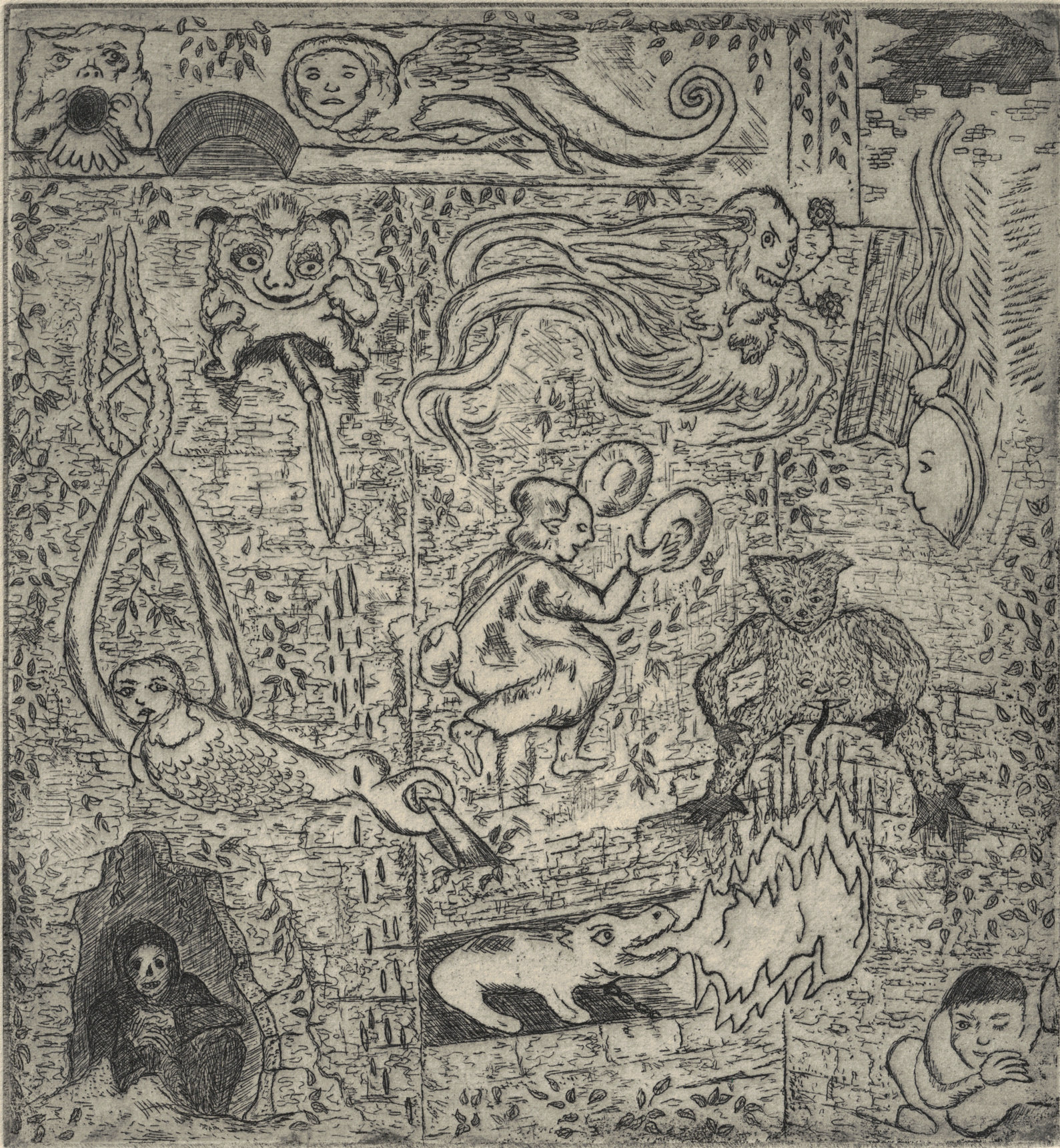 Oliver McConnie, Castle Wall, etching, 17 x 16cm, 2015. Plate mark crop.