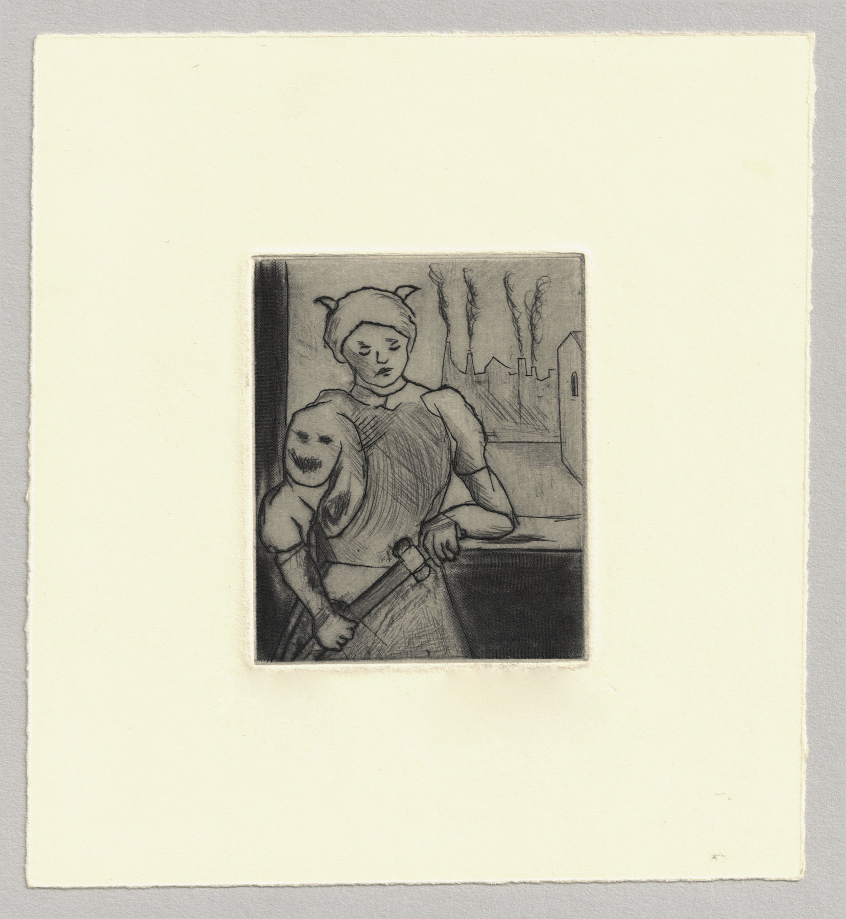 Oliver McConnie, City Guard, engraving with drypoint, 6 x 5cm, 2014. Full sheet.