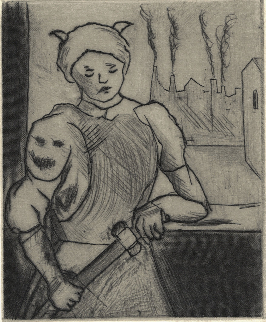 Oliver McConnie, City Guard, engraving with drypoint, 6 x 5cm, 2014. Plate mark crop.