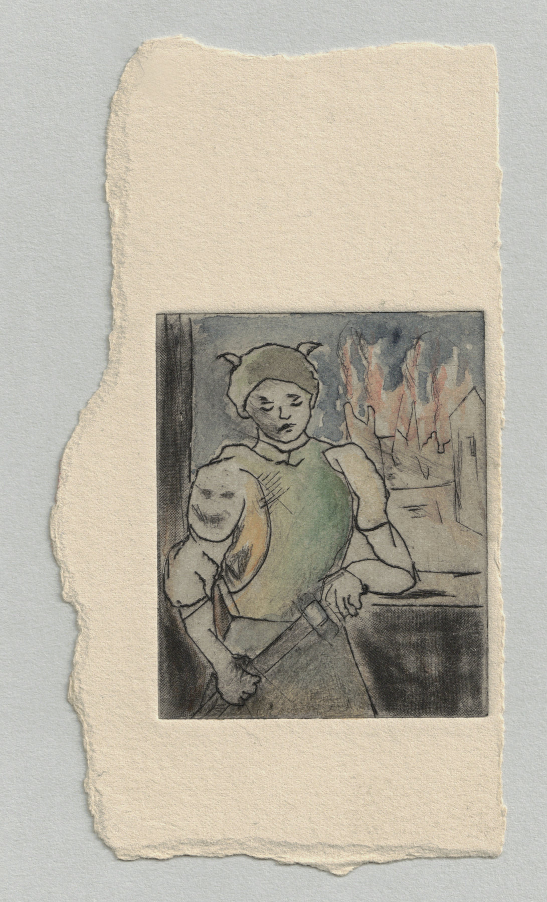 Oliver McConnie, City Guard, engraving with drypoint, 6 x 5cm, 2014. Full sheet.