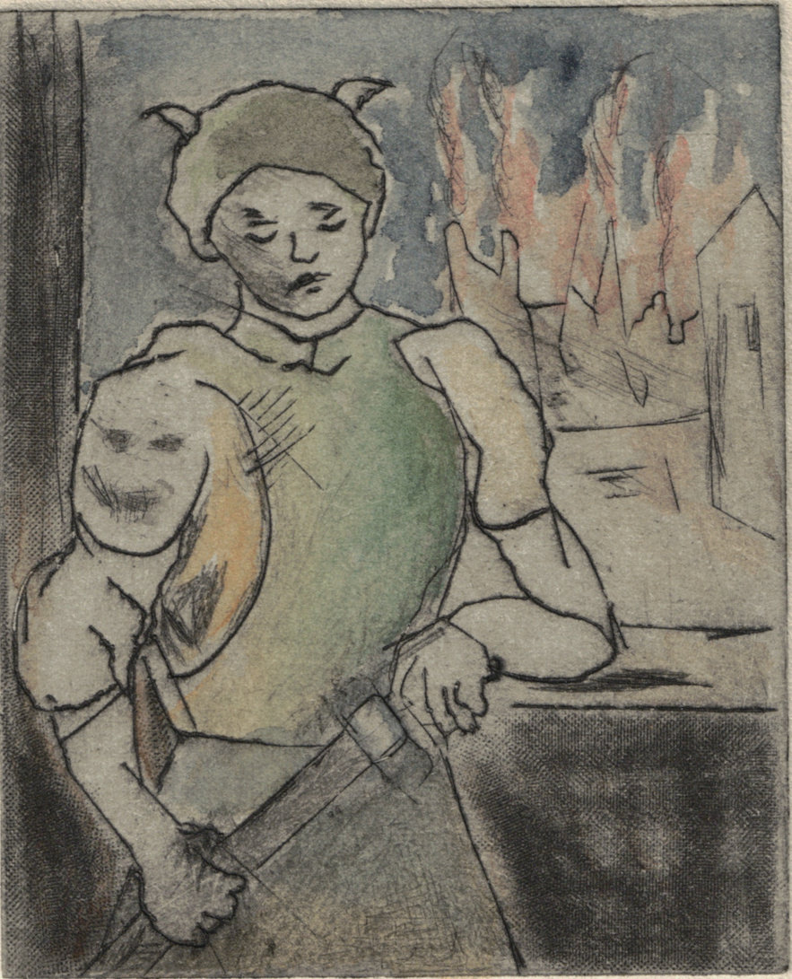 Oliver McConnie, City Guard, engraving with drypoint, 6 x 5cm, 2014. Plate mark crop.
