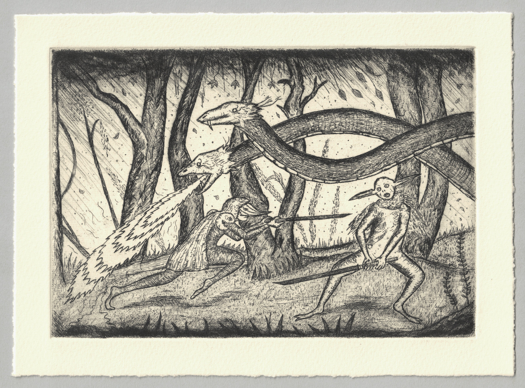 Oliver McConnie, Counterattack, etching, 13 x 19cm, 2009. Full sheet.
