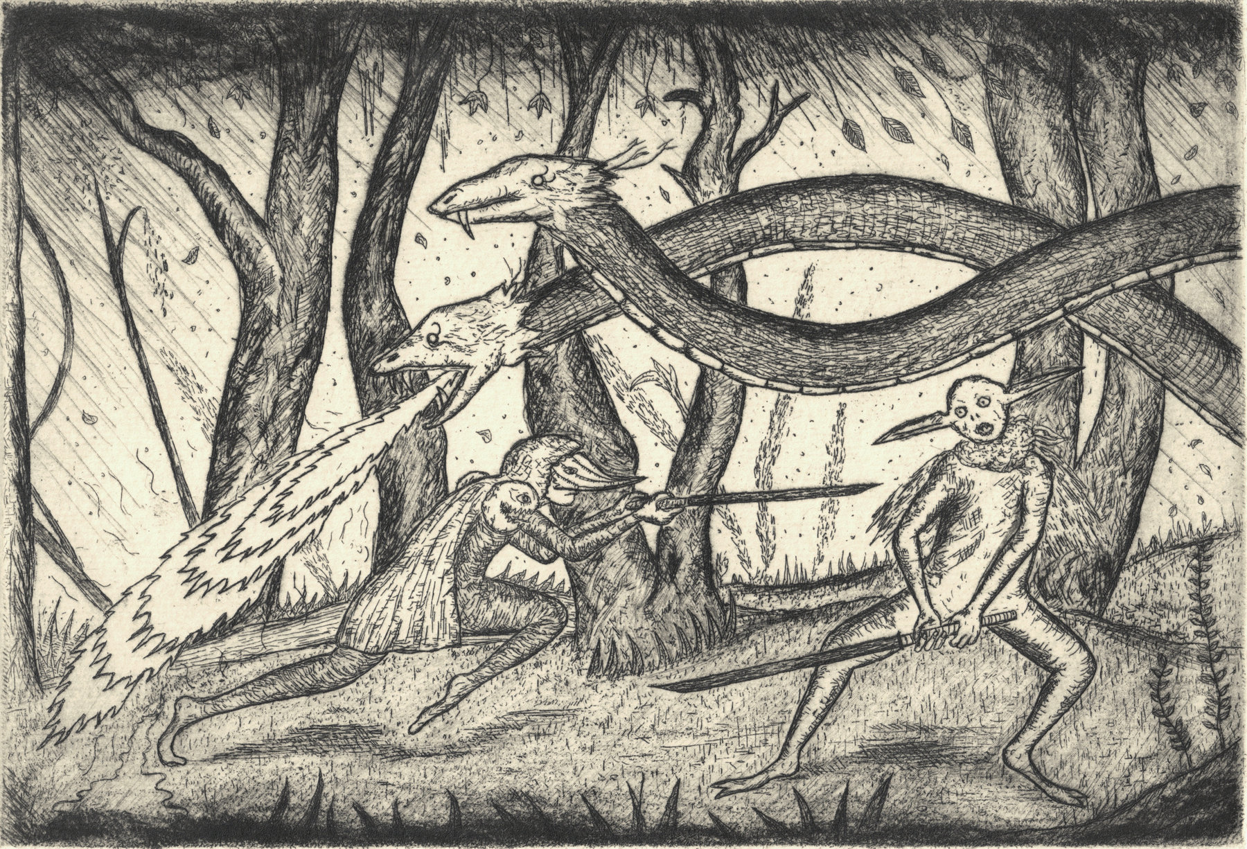 Oliver McConnie, Counterattack, etching, 13 x 19cm, 2009. Plate mark crop.