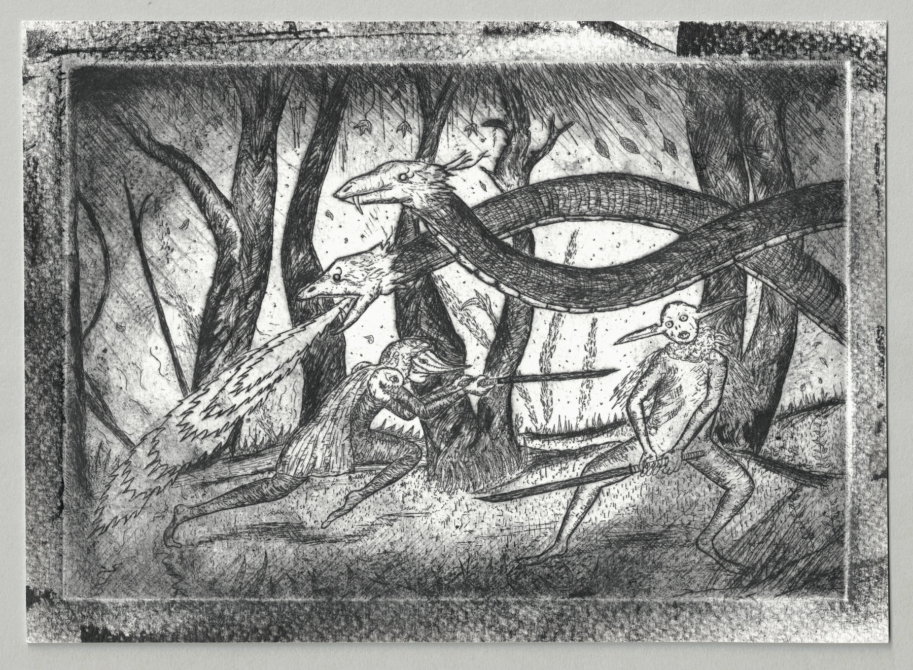 Oliver McConnie, Counterattack, etching, 13 x 19cm, 2009. Full sheet.