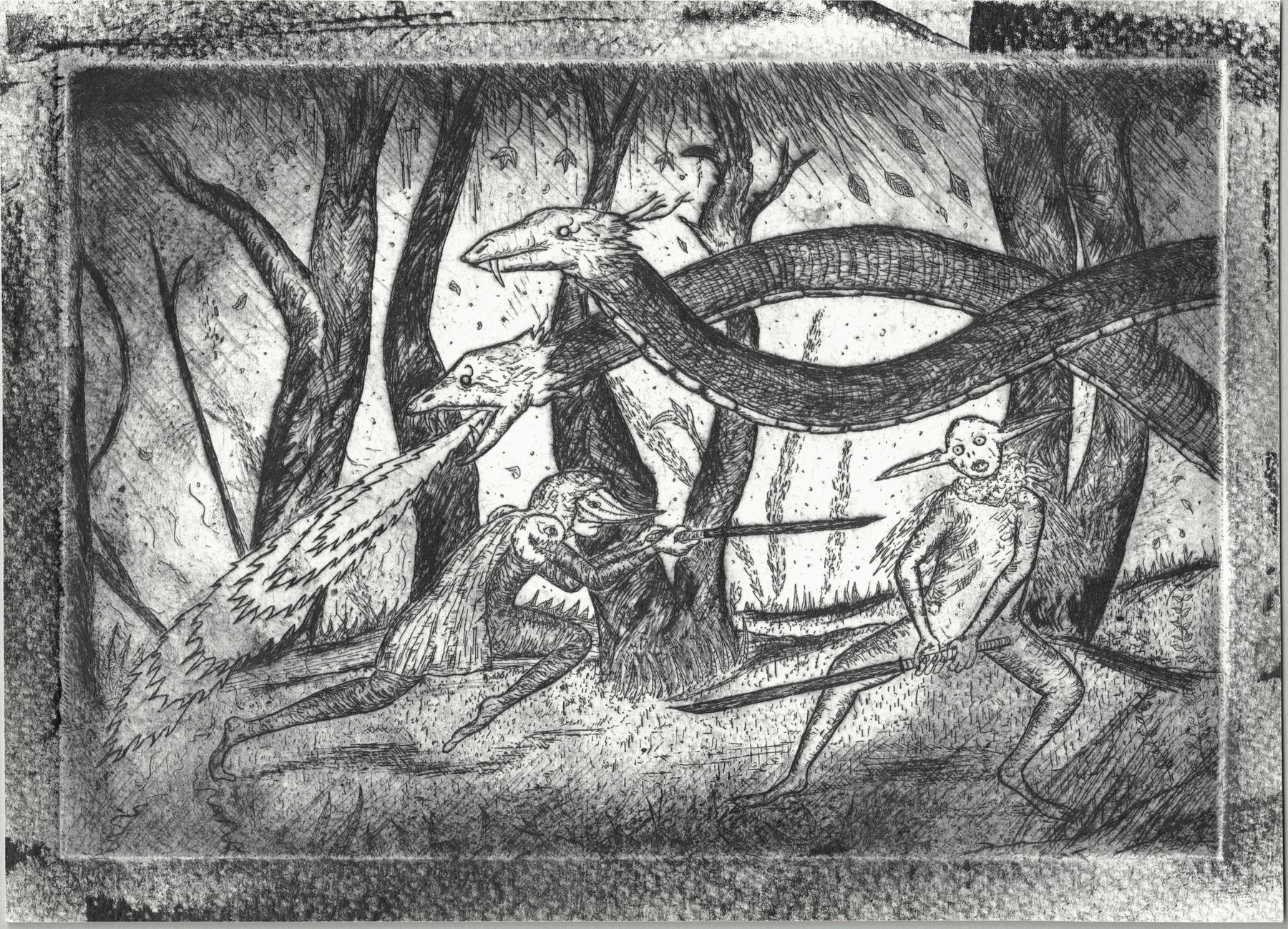 Oliver McConnie, Counterattack, etching, 13 x 19cm, 2009. Plate mark crop.