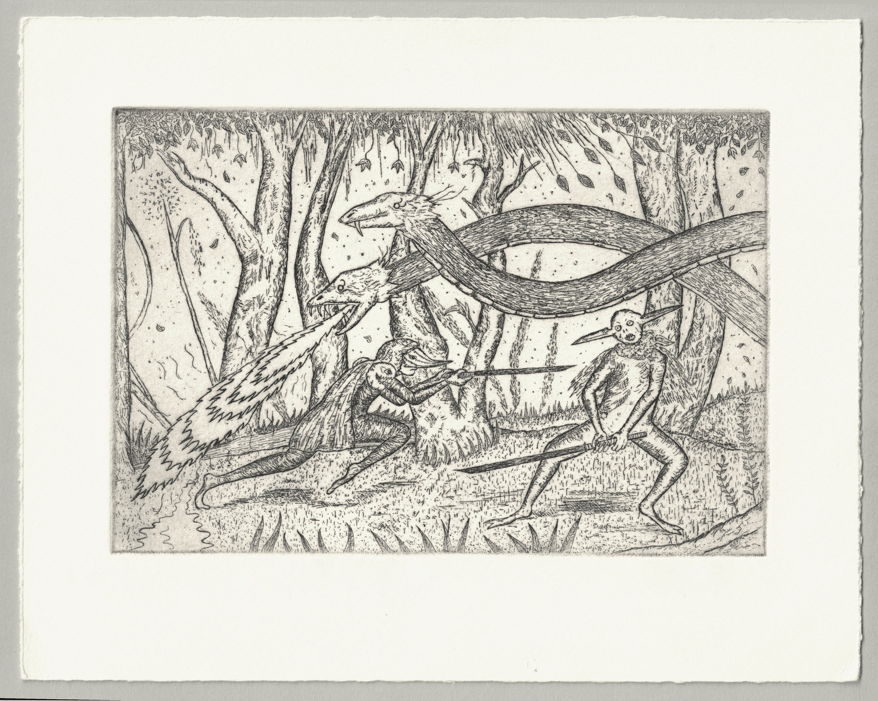 Oliver McConnie, Counterattack, etching, 13 x 19cm, 2009. Full sheet.