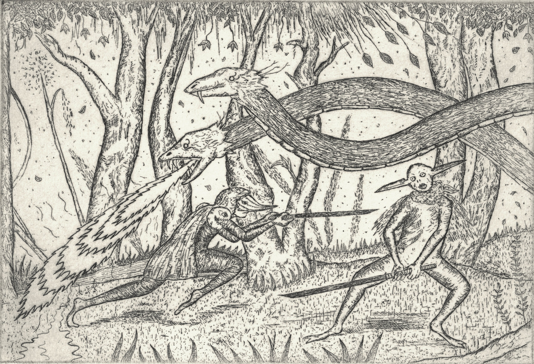 Oliver McConnie, Counterattack, etching, 13 x 19cm, 2009. Plate mark crop.