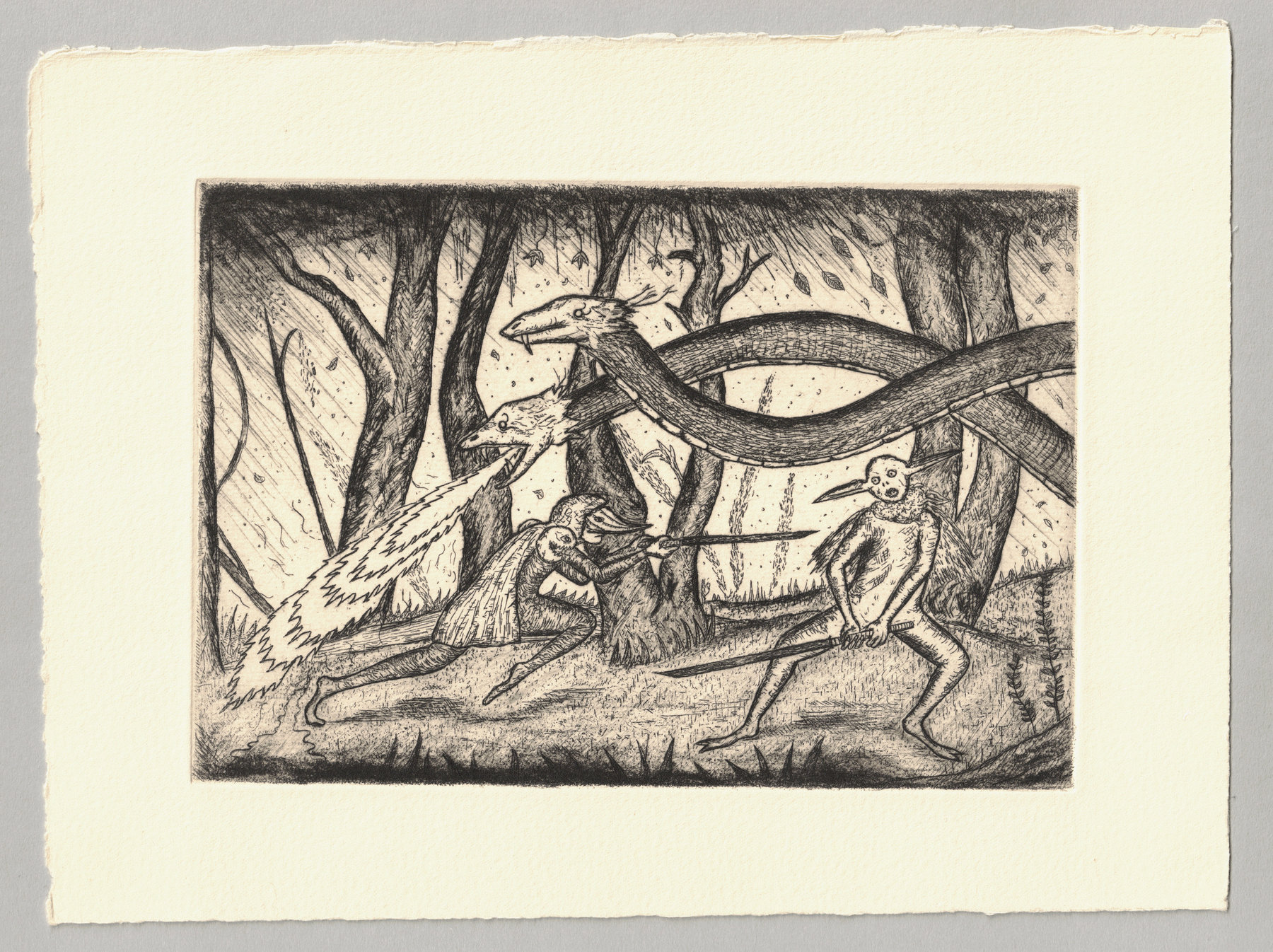 Oliver McConnie, Counterattack, etching, 13 x 19cm, 2009. Full sheet.