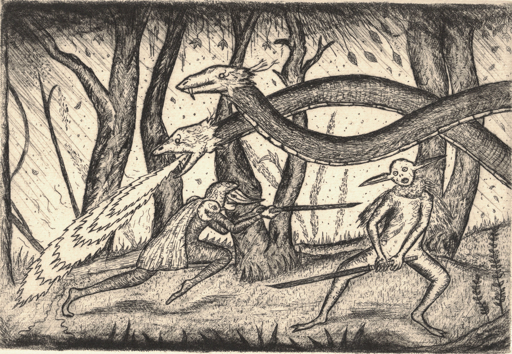 Oliver McConnie, Counterattack, etching, 13 x 19cm, 2009. Plate mark crop.