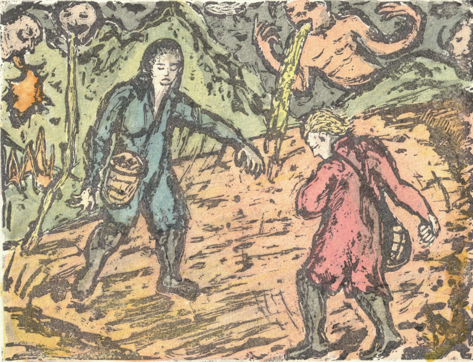 Oliver McConnie, Dance of Death, relief etching, 12 x 16cm, 2016. Plate mark crop.