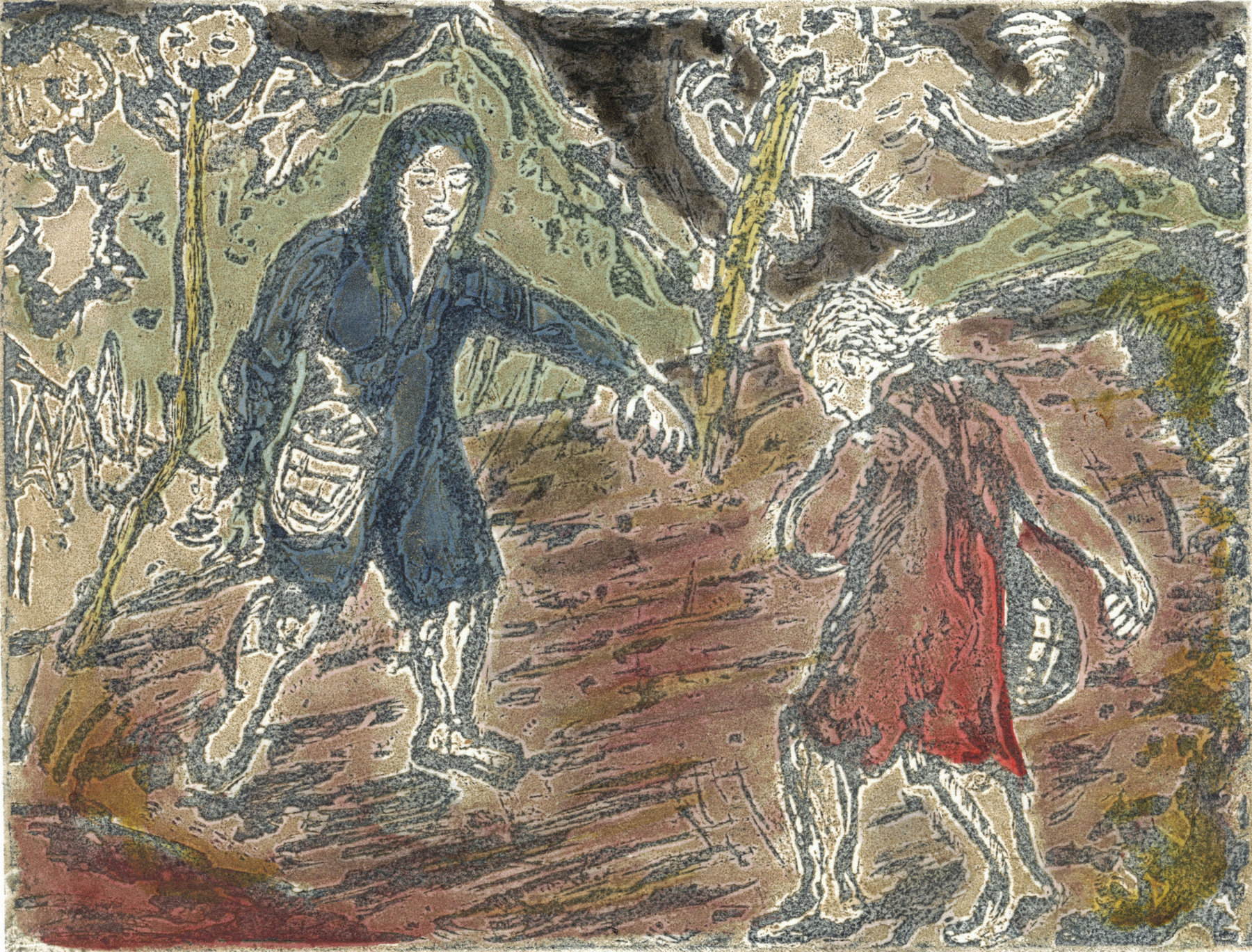 Oliver McConnie, Dance of Death, relief etching, 12 x 16cm, 2016. Plate mark crop.