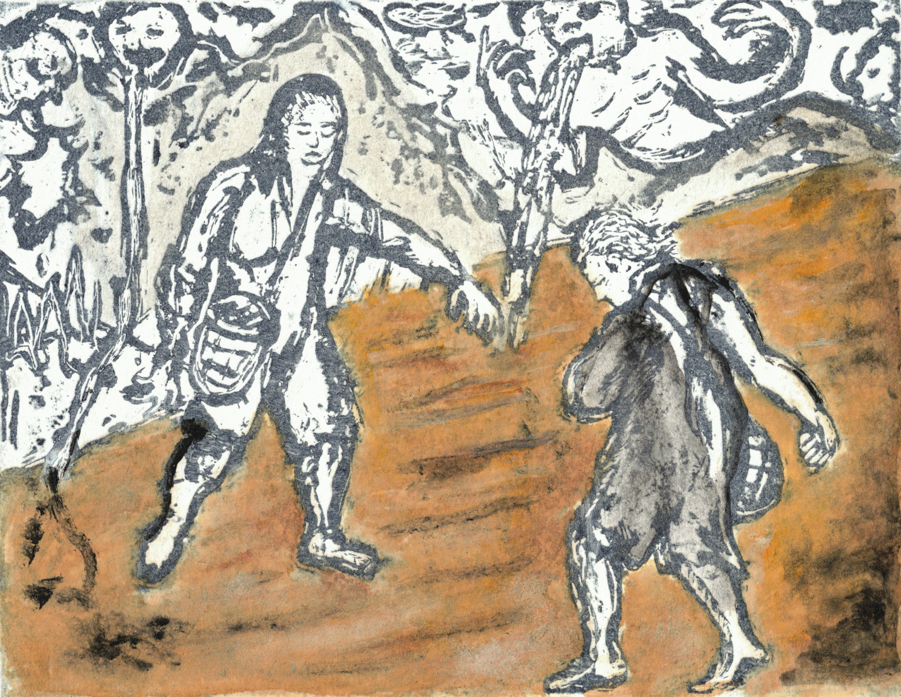 Oliver McConnie, Dance of Death, relief etching, 12 x 16cm, 2016. Plate mark crop.