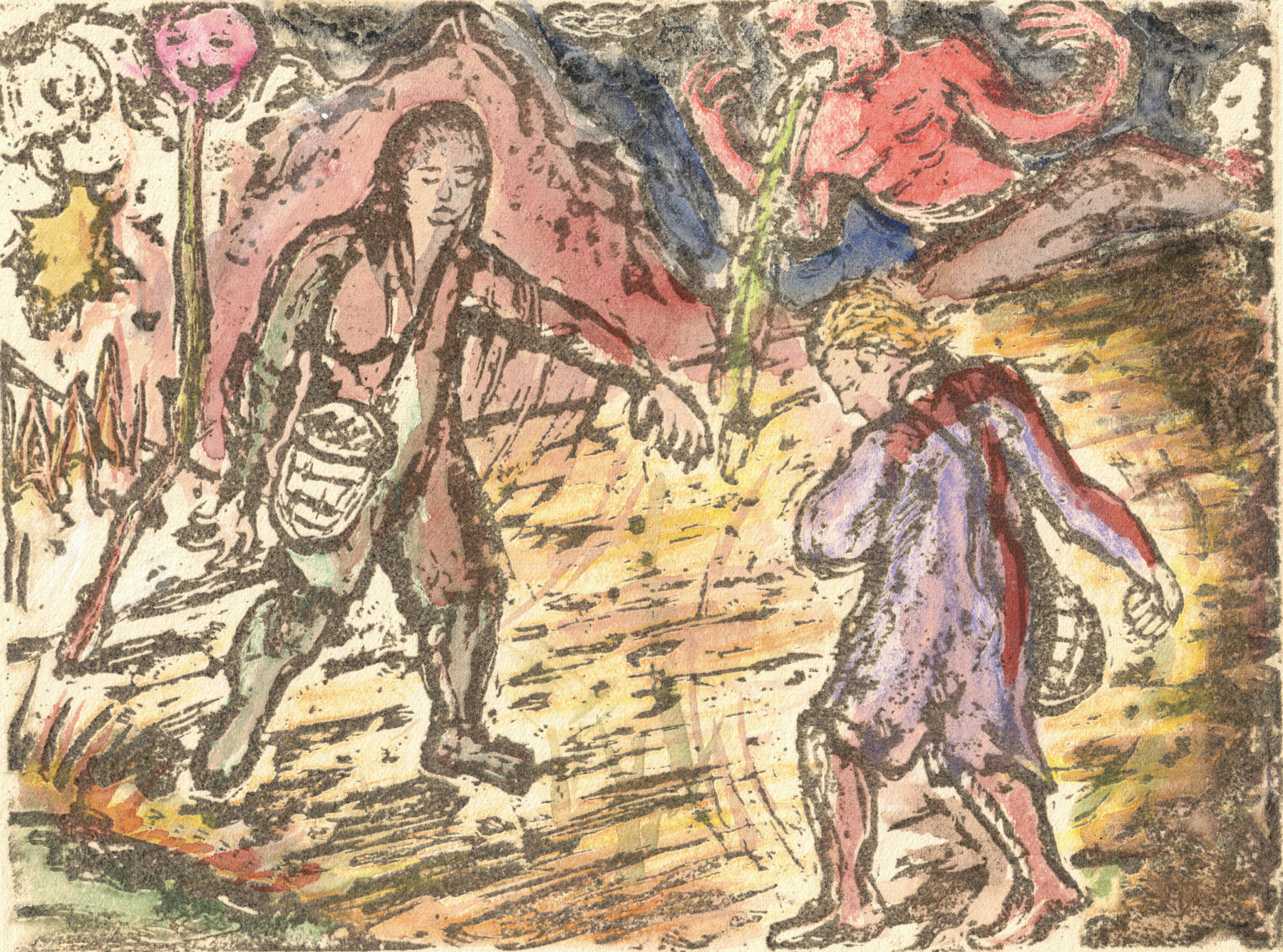 Oliver McConnie, Dance of Death, relief etching, 12 x 16cm, 2016. Plate mark crop.