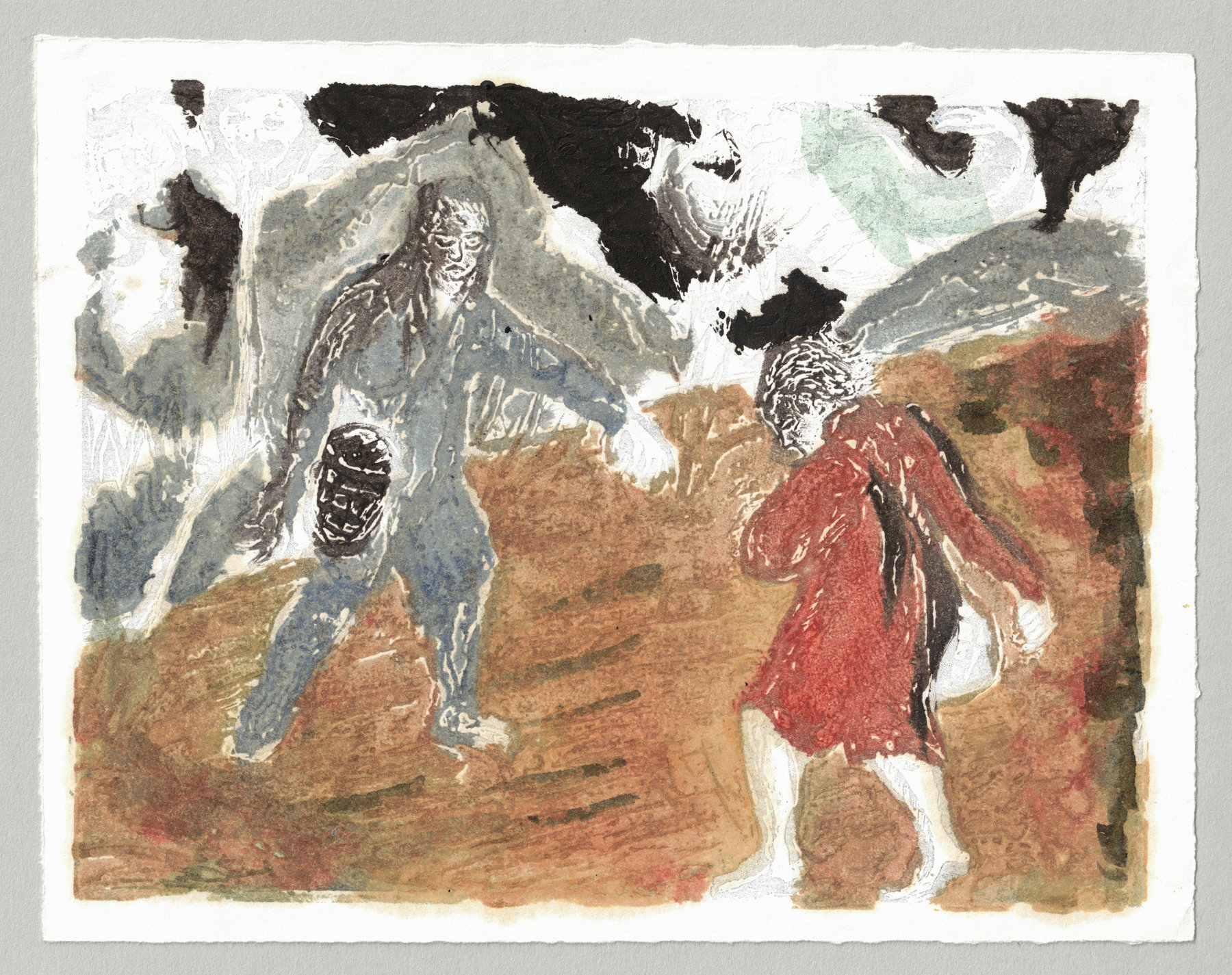 Oliver McConnie, Dance of Death, relief etching, 12 x 16cm, 2016. Colour proof. Full sheet.