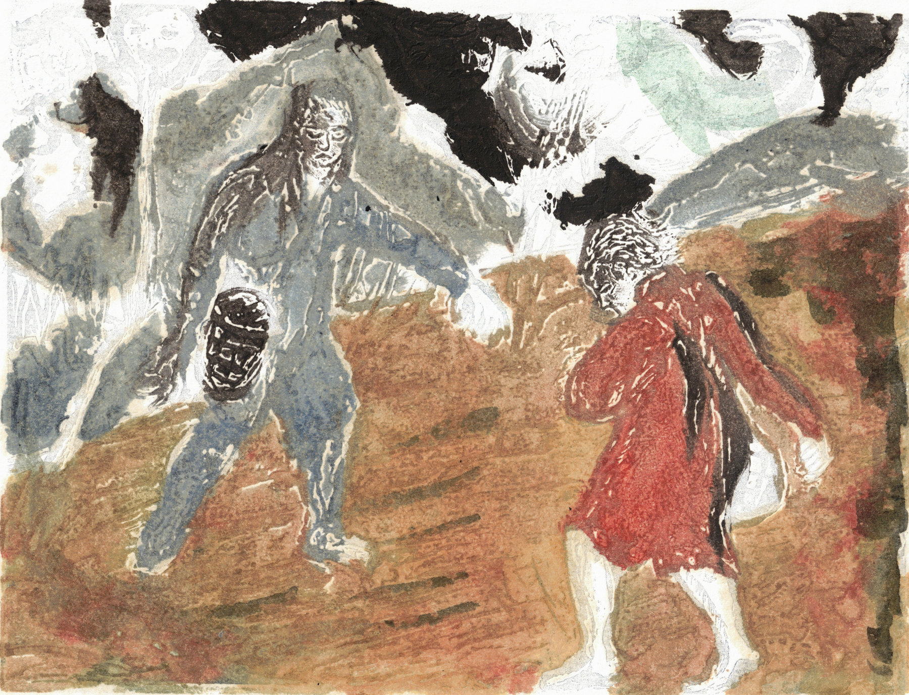 Oliver McConnie, Dance of Death, relief etching, 12 x 16cm, 2016. Colour proof. Plate mark crop.