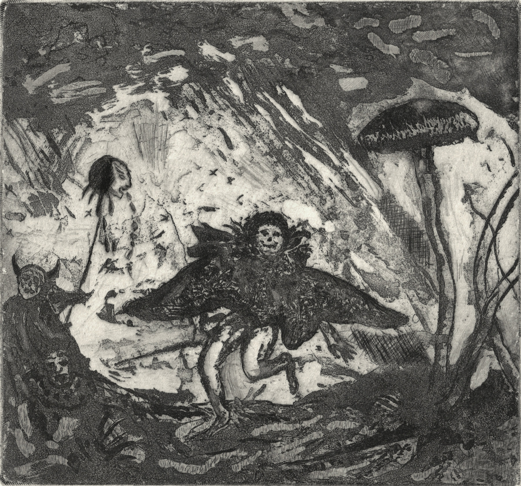 Oliver McConnie, Dark Harrier, sugar lift, 15 x 16cm, 2010. Plate mark crop.