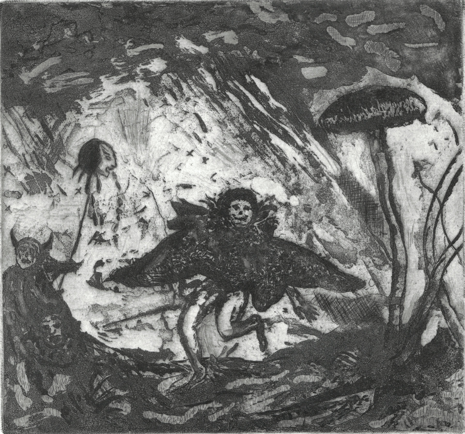 Oliver McConnie, Dark Harrier, sugar lift, 15 x 16cm, 2010. Plate mark crop.