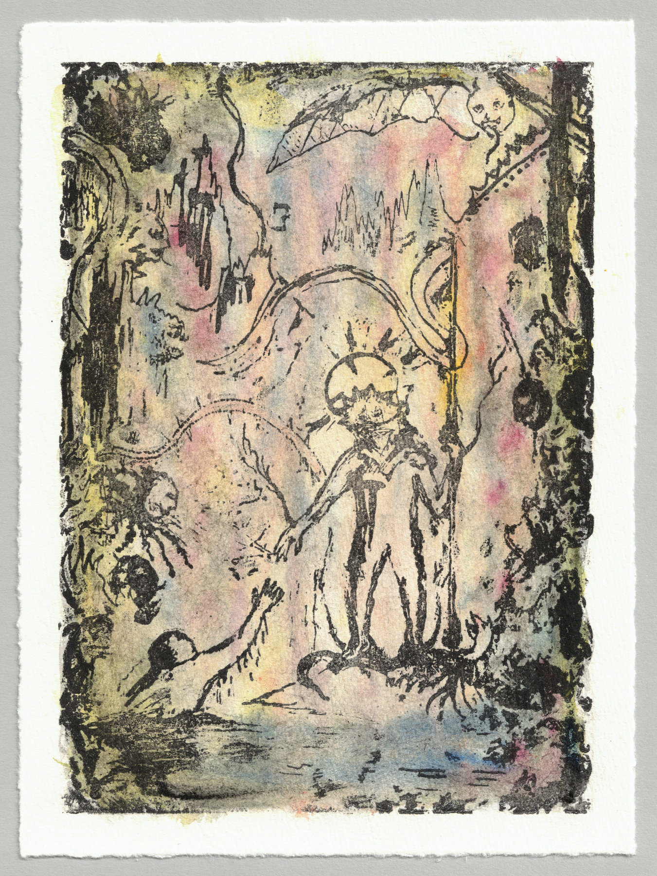 Oliver McConnie, Descent into Hell, relief etching, 20 x 14cm, 2013. Full sheet.